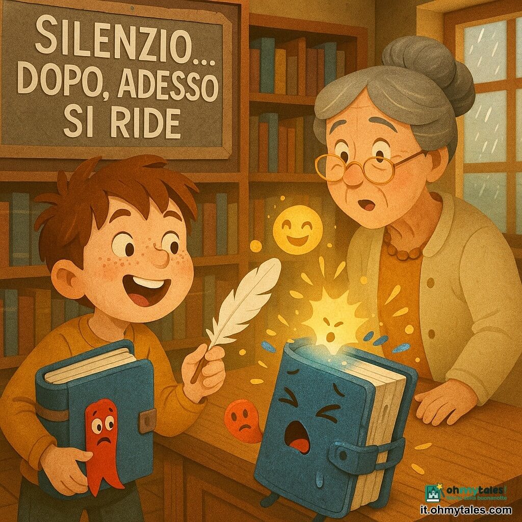 Bambino di 10 anni dal viso rotondo e lentigginoso, capelli castano spettinati, espressione gioiosa e occhi brillanti, tiene un grande libro blu sotto il braccio e porge una piuma bianca verso il dorso; alle sue spalle una bibliotecaria di circa 55 anni con occhiali a catena e capelli grigi raccolti in uno chignon lo osserva benevola e sorpresa da dietro un tavolo di legno; un piccolo segnalibro antropomorfo a nastro rosso con occhi disegnati spunta tra le pagine con aria imbronciata poi sollevata; il libro magico, rilegatura blu spessa con fibbia metallica, tremola emettendo piccole bolle luminose dorate che ridono; interno: calda biblioteca di quartiere con scaffali di legno pieni di libri colorati, cartello "SILENZIO... DOPO, ADESSO SI RIDE", pavimento in parquet e finestra con gocce di pioggia; scena centrale del "starnuto perfetto": il bambino solletica il libro con la piuma e il libro starnutisce una bolla dorata ridens, colori caldi, luce morbida, ombre nette e texture come carta ritagliata.