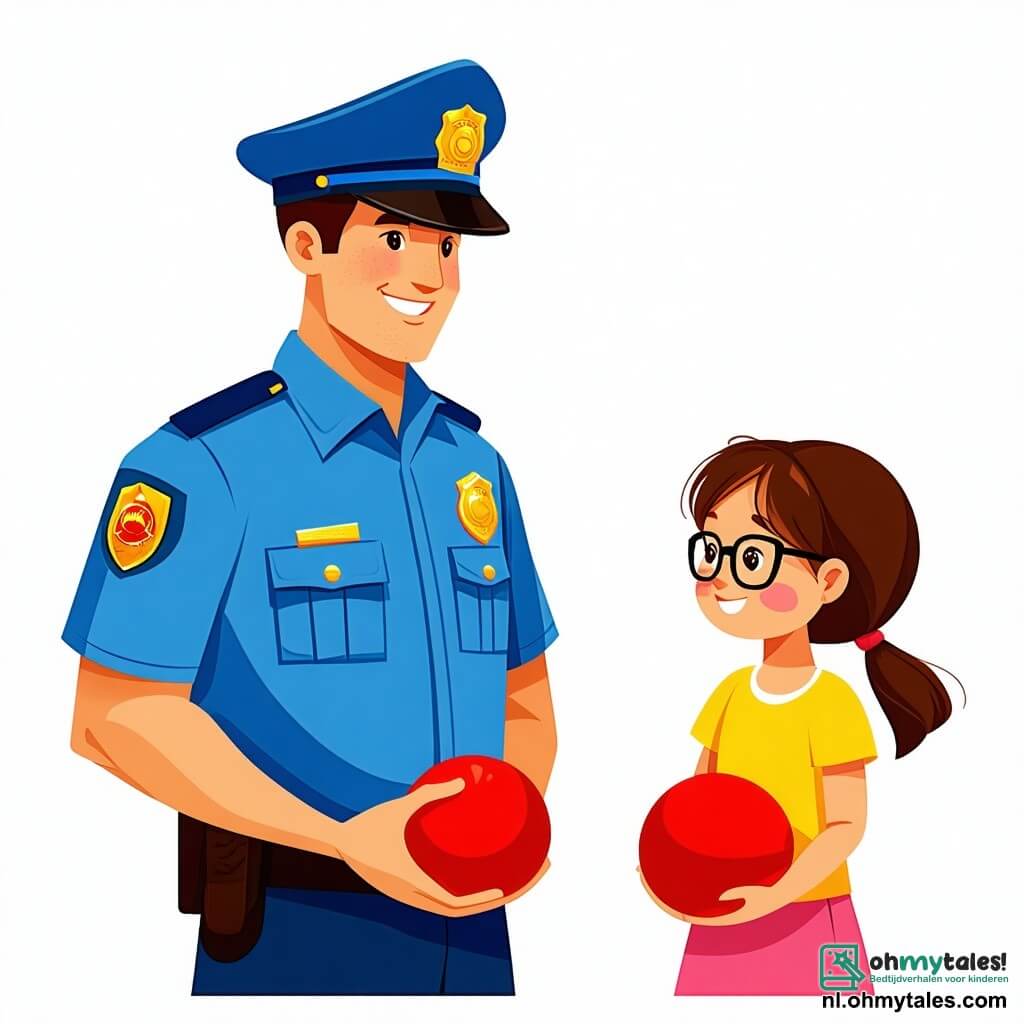 Een glimlachende politieagent, een man van ongeveer dertig jaar in een heldere blauwe uniform en een grote pet, staat in het midden van de afbeelding. Zijn gezicht straalt vriendelijkheid en trots uit terwijl hij met de kinderen spreekt. Aan zijn rechterkant staat Sara, een 8-jarig meisje met bruin haar en een bril, die een rode bal vasthoudt. Ze kijkt de politieagent met bewondering aan, haar ogen sprankelend van nieuwsgierigheid. Aan zijn linkerkant staat Tom, een 7-jarig jongetje met messy blond haar, die glimlacht en aandachtig luistert met zijn handen op zijn heupen. De scène speelt zich af op een zonnige straat, omringd door groene bomen en kleurrijke huizen. Multikleurige bloemen bloeien langs het trottoir, wat een vrolijke toets aan de omgeving toevoegt. De politieagent legt de kinderen het belang van verkeersveiligheid uit, terwijl ze samen de zin herhalen: "Stop, kijk en loop!" De sfeer is vrolijk en vol energie, wat de geest van samenwerking en veiligheid illustreert.