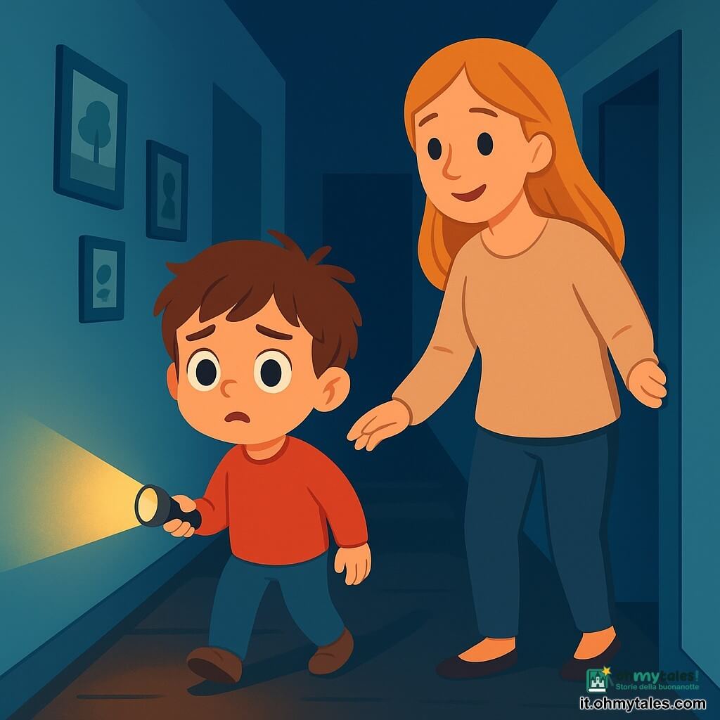 Un bambino di 4 anni, con capelli castani disordinati e grandi occhi curiosi, si trova in un corridoio buio. Il suo viso mostra una leggera preoccupazione, con le sopracciglia aggrottate e la bocca leggermente aperta. Tiene una piccola torcia che illumina timidamente il cammino davanti a lui. Accanto a lui, la mamma, una donna di circa 30 anni con lunghi capelli biondi, lo guarda con un sorriso rassicurante. Indossa un maglione morbido e comodo e si trova vicino alla porta della camera, pronta a sostenerlo. Il corridoio è stretto, con pareti dipinte di azzurro chiaro, e ombre danzano sul pavimento a causa della luce della torcia. Foto incorniciate decorano le pareti e una leggera luce proviene dalla camera in fondo al corridoio. La scena principale mostra il bambino, esitante ma determinato, che avanza lentamente nel corridoio buio, illuminato dalla sua torcia, mentre la mamma lo incoraggia dolcemente a superare la paura del buio.