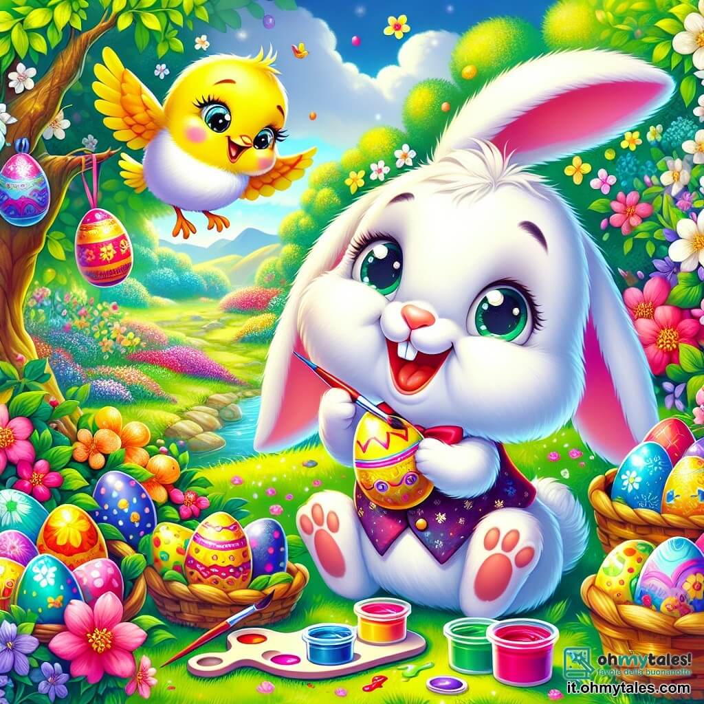 In un giardino colorato, un coniglietto bianco di nome Leo, con grandi orecchie morbide e occhi brillanti di eccitazione, sta dipingendo uova di Pasqua con colori vivaci. Ha un grande sorriso sul volto, traboccante di gioia e creatività. Accanto a lui, una piccola cinciallegra di nome Clara, con un piumaggio giallo brillante e occhi maliziosi, vola in cerchio attorno a Leo, ridendo di felicità mentre gli porge un pennello. Il giardino è pieno di fiori vivaci, cespugli verdi e un grande albero di melo in fiore, creando un'atmosfera magica e primaverile. La scena mostra Leo e Clara mentre preparano una caccia alle uova di Pasqua, circondati da uova decorate, vernice e risate, catturando lo spirito gioioso di questa festa.
