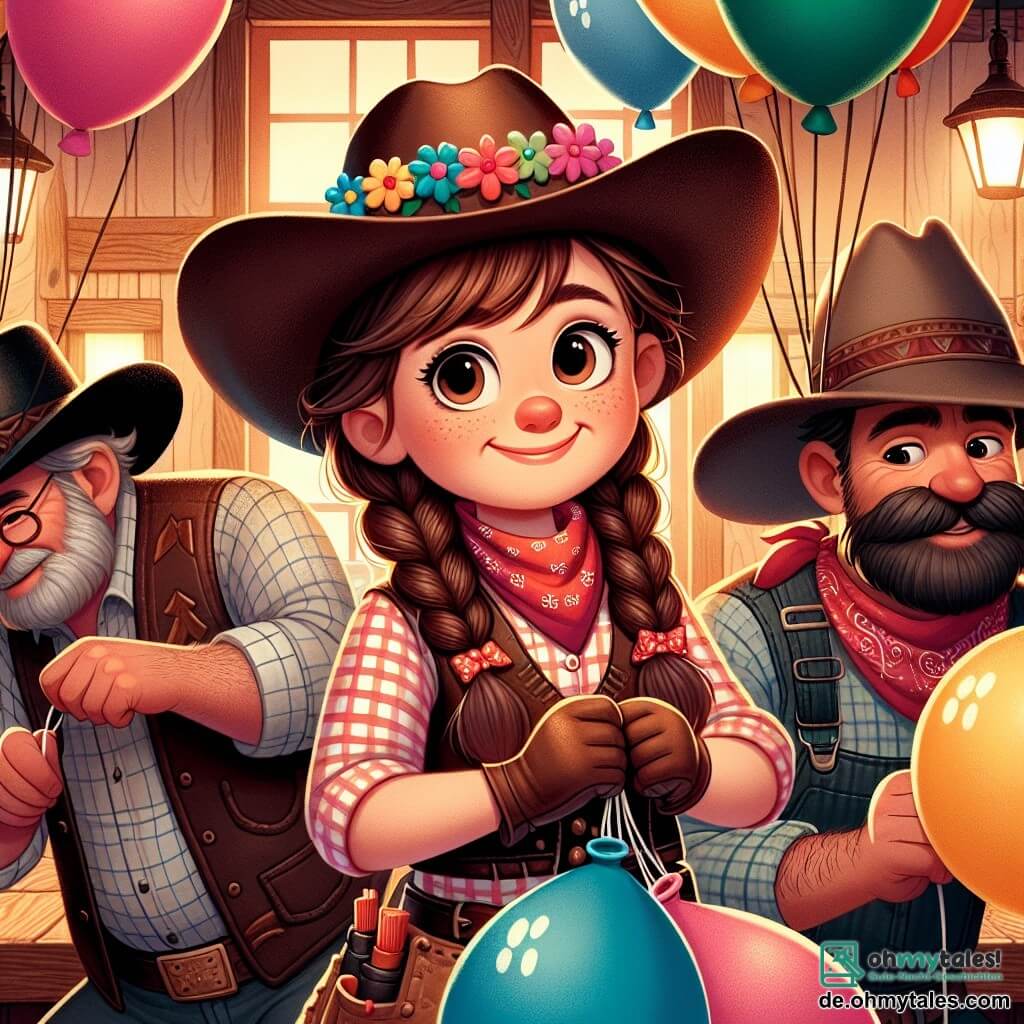 Lilly, ein mutiges etwa 10-jähriges Cowgirl, steht im Mittelpunkt des Bildes. Sie hat lange braune Haare zu einem Zopf gebunden, trägt einen mit Blumen geschmückten Cowboyhut und ein kariertes Hemd. Ihr Gesicht drückt Entschlossenheit und Freude aus, während sie lächelt und bunte Ballons in den Händen hält. Neben ihr stehen zwei Männer, einer etwa 40 Jahre alt mit einem dichten Schnurrbart und einem abgetragenen Hut, der andere ein junger Mann von etwa 25 Jahren mit blonden Haaren und einem roten Bandana um den Hals, die gerade Ballons knoten. Sie wirken konzentriert, aber ihre Gesichter zeigen auch ein verschwörerisches Lächeln. Die Szene spielt in einem typischen Saloon des Wilden Westens, mit Holzwänden, Eichentischen und gedämpftem Licht. Im Hintergrund sind neugierige Kunden zu sehen, die den Wettbewerb beobachten, was zur festlichen Atmosphäre beiträgt. Die Hauptsituation zeigt Lilly, die einen Ballonwettbewerb vorschlägt, um einen Konflikt zwischen den beiden Männern zu lösen. Die bunten Ballons schweben um sie herum, und die Energie der Szene ist erfüllt von Lachen und Aufregung, was den Geist von Kameradschaft und Kreativität veranschaulicht.