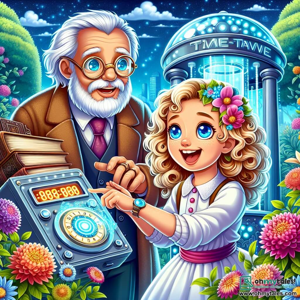 An 8-year-old girl named Lily, with curly blonde hair and sapphire-like bright eyes, stands in front of a time machine. She has a wide smile on her face, filled with excitement and curiosity, as she touches the control panel of the machine, which sparkles with colorful lights. Next to her is an old professor, Professor Time, about 70 years old, with a long white beard and round glasses, observing with a kind and wise look. He wears a lab coat and holds an ancient book in his hands, ready to guide Lily on her quest. The scene takes place in a lush garden filled with vibrant flowers and majestic trees, where the time machine is hidden behind bushes. The sky is a bright blue, dotted with fluffy white clouds, creating a magical atmosphere. Lily, full of enthusiasm, is about to activate the machine to begin her incredible journey through time, while Professor Time explains the wonders awaiting her in the past and future.