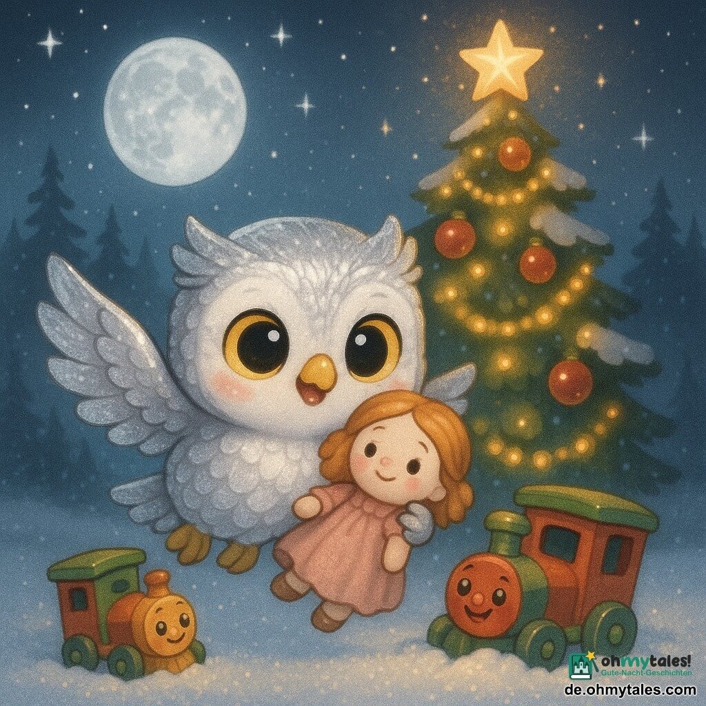 Eine kleine Eule namens Lumi im Chibi‑Stil mit silbrig schimmernden Federn und großen gelben Augen, sanft und fröhlich, die Flügel leicht ausgebreitet und in einer Kralle eine alte Stoffpuppe mit gemaltem Gesicht und zerknittertem rosafarbenem Kleid hält, die erleichtert und glücklich an Lumi gekuschelt ist; daneben ein rotes‑grünes Holzspielzeug­zug mit sichtbaren Rädern, in einer kleinen Schneeverwehung steckend, aber bereit weiterzufahren; im Zentrum ein traditioneller großer Weihnachtsbaum mit schneebedeckten Zweigen, goldenen Girlanden, roten Kugeln, einer leuchtenden Spitze und warmen Lichtern, die einen bernsteinfarbenen Schein auf den Schnee werfen; Szenerie: verschneiter Wald bei Nacht mit silberner Vollmond und funkelnden Sternen, dunkle Kiefern am Horizont und pulvriger Schnee, der wie Glas splittert, insgesamt Lumi, die verlorene Spielzeuge zum beleuchteten Baum zurückbringt, warme festliche Stimmung trotz Kälte, Komposition zentriert auf die heranfliegende Eule mit Kontrast zwischen kaltem Mondlicht und warmen Lichtergirlanden.