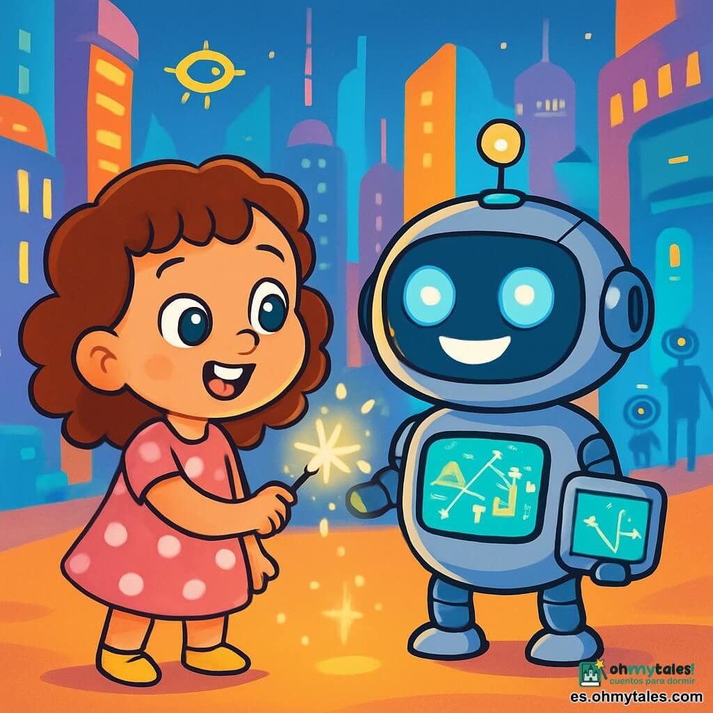 Una niña de 4 años, con grandes ojos brillantes y cabello rizado, lleva un vestido rosa con lunares y una sonrisa de asombro en su rostro. Sostiene una pinza luminosa en su mano, mirando con curiosidad a un robot brillante frente a ella. Un robot redondo y amigable, con una superficie plateada y ojos luminosos, está a su lado, mostrando una gran sonrisa en su pantalla. Muestra una pequeña pantalla con un mapa de la ciudad futurista. La escena se desarrolla en una ciudad futurista, donde edificios coloridos se elevan hacia el cielo, adornados con luces parpadeantes y paneles holográficos. Robots de todas formas y tamaños se mueven a su alrededor, ayudando a los habitantes. La niña, maravillada, descubre el robot traductor que le muestra el camino para encontrar a su mamá, iluminando el camino con luces centelleantes.