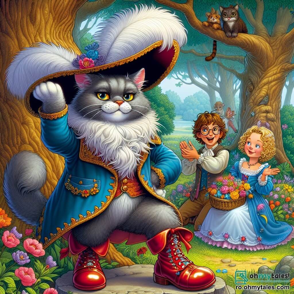 Pisica cu botine, un feline elegant cu blană mătăsoasă de culoare gri, poartă o pălărie mare cu pene și botine roșii strălucitoare. Are o privire jucăușă și hotărâtă, un zâmbet ștrengăresc pe față, în timp ce stă pe o piatră mică, ridicând o labă ca și cum s-ar pregăti să țină un discurs. Lângă el, o fetiță de zece ani, cu părul blond și creț, îmbrăcată într-o rochie albastră împodobită cu flori, îl observă cu ochi uimiți. Ea ține un coș mic plin cu flori colorate, pregătită să le ofere pisicii cu botine. În fundal, un băiat de doisprezece ani, cu ochelari rotunzi și păr castaniu, stă pe o ramură de copac, râzând și aplaudând, ținând o carte deschisă pe genunchi. Scena are loc într-o pădure fermecată, unde copacii sunt înalți și măreți, frunzele lor strălucind sub razele soarelui. Flori multicolore acoperă solul, iar animale mici curioase, precum veverițe și păsări, observă scena cu interes. Pisica cu botine, cu farmecul și încrederea sa, le explică fetiței și băiatului cum să-și folosească imaginația pentru a transforma lumea lor într-un loc magic, în timp ce o briză blândă face frunzele să danseze în jurul lor.