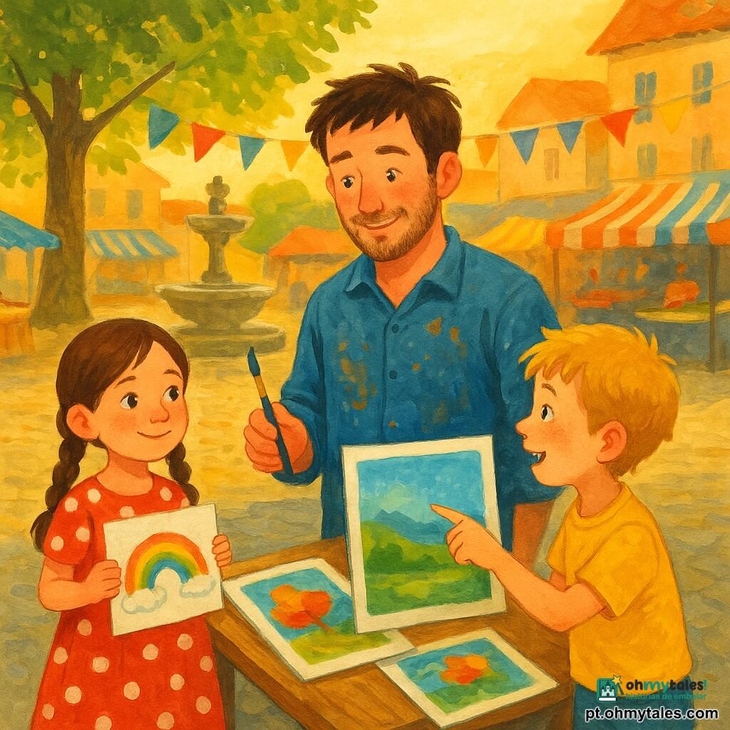 Um pintor na casa dos trinta, barba curta e cabelo castanho despenteado, rosto levemente corado e sorriso tímido; segura um pincel manchado de azul e ocre, em pé atrás de uma mesa de madeira com vários quadros coloridos. Um menino de cerca de 8 anos, com sardas e cabelo loiro despenteado, olha maravilhado e aponta para um grande quadro azul e verde a um metro da mesa. Uma menina de cerca de 7 anos, cabelo castanho em duas tranças e vestido de bolinhas, segura um pequeno desenho de arco-íris à esquerda do pintor, oferecendo-o com orgulho. A praça da aldeia é pavimentada, com uma grande fonte de pedra no centro, bancos sob um tília de folhas verde-claro, bandeirolas coloridas e barracas com toldos listrados; luz dourada do fim de tarde e sombras suaves. Cena: um mercado de arte animado e acolhedor, cores vivas, respingos de tinta na mesa e nas mangas, e no rosto do homem expressão de alívio e orgulho enquanto mostra os quadros às crianças curiosas.
