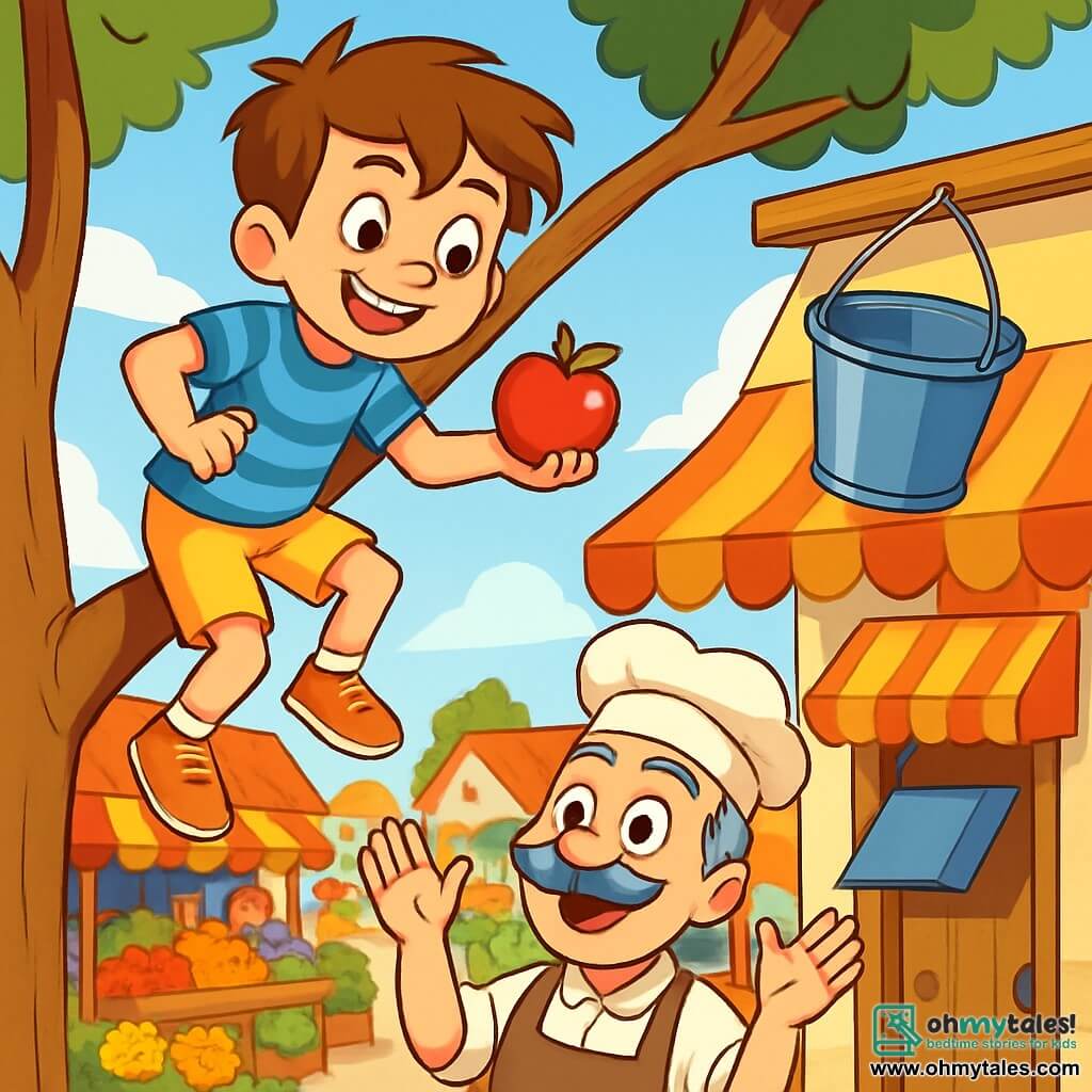 A 10-year-old boy, Max, with messy brown hair and a mischievous smile, stands on a tree branch, his eyes sparkling with mischief. He wears a blue striped t-shirt and yellow shorts, holding a shiny red apple in his right hand. A few meters below, Mr. Thompson, a man around 50 with a gray mustache and a baker's apron, smiles with his arms raised, ready to catch Max. The colorful Sunnyville market stretches in the background, filled with vibrant fruit stands, bright flowers, and smiling villagers. The scene shows Max about to perform one of his famous tricks, with a bucket of water hanging above the door of a stand, ready to fall on Mr. Thompson.