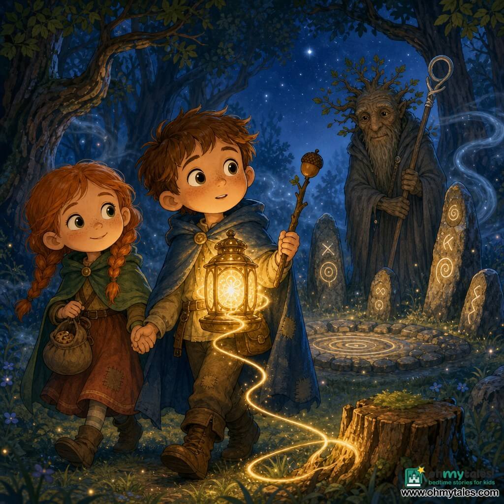 Milo, a 5-year-old apprentice sorcerer with a round face and curious eyes, determined and slightly awed, wears a faded blue cape, holds a twig wand topped with an acorn cap and gently cradles a radiant golden Evening Lantern against his chest; Tilda, a 6-year-old girl with red braided hair, a knowing smile and bright eyes, holds a small pouch of biscuits and Milo’s hand, standing just to his left; behind them stands the Watcher of the Circle, an old tree-like figure with bark-colored wrinkled skin and a silver staff with a loop, near a ring of stones carved with glowing spirals; the scene is a misty night forest clearing with glittering grass, twisted deep-green trees, pale blue mist filaments, and a glowing thread wound around the lantern leading out of the clearing; they have just freed the lantern from a stump, its warm yellow light dispelling the fog, creating a magical, warm, reassuring atmosphere in a soft-contrasted, clear cartoon style with felt textures and golden light on their faces.