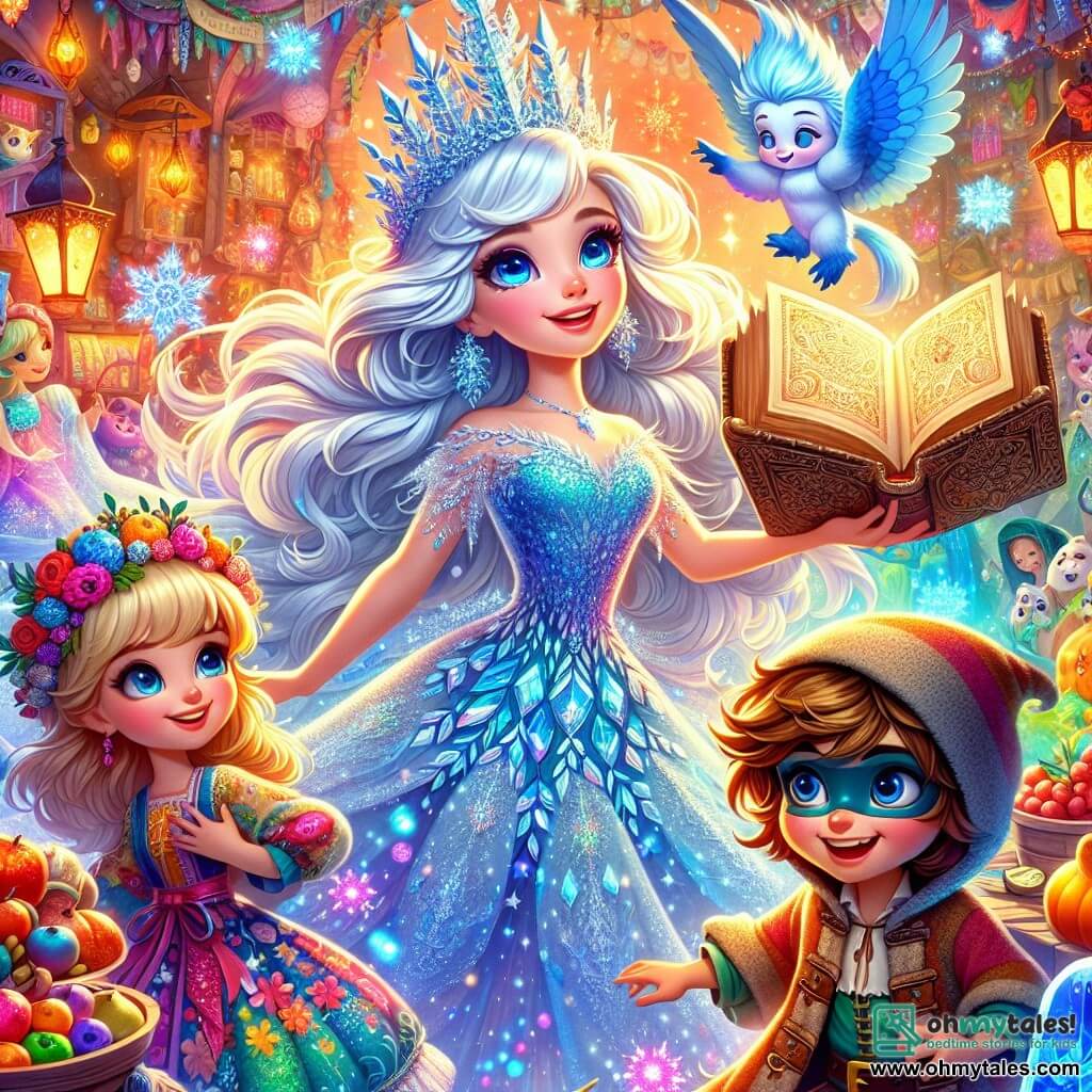 The Snow Queen, a majestic woman of ethereal beauty, wears a shimmering gown made of ice crystals, her silver hair floating like snowflakes. Her face expresses gentle curiosity, her eyes shining like stars, as she reaches for an ancient book with golden pages, surrounded by an aura of magic. Beside her is Gerda, a 10-year-old girl with blonde hair and sparkling eyes, wearing a colorful dress adorned with flowers. She joyfully smiles, holding a small notebook, ready to write a new story. A bit further back, the Robber Girl, a mischievous 9-year-old with messy brown hair and a patchwork coat, watches with a sly look, holding a rusty key. The scene takes place in a fairy-tale market, vibrant with bright colors, overflowing with rainbow fruits, sparkling books, and dancing lanterns. Fantastic creatures, like blue rabbits and laughing crows, mingle with visitors, creating a joyful and lively atmosphere. The main focus shows the Snow Queen, Gerda, and the Robber Girl gathered around a large open book, exchanging ideas to create new stories, while a gentle breeze makes the pages dance around them, symbolizing the magic of imagination and friendship.