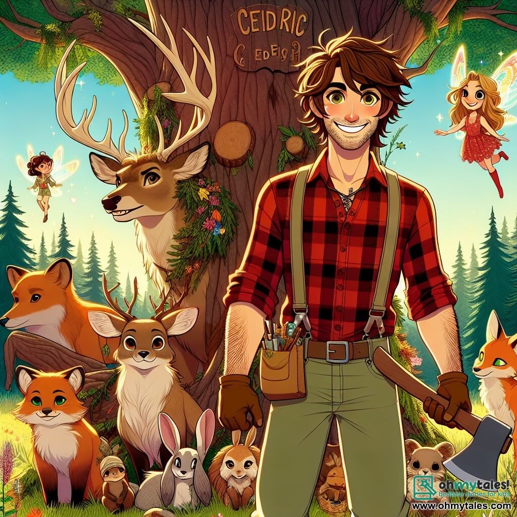In the center of the image, a man named Cedric, a smiling woodcutter with tousled brown hair and sparkling eyes of curiosity, stands firmly in front of a majestic oak tree. He wears a red plaid shirt and canvas pants, holding an axe in one hand while extending his other hand towards a group of animals surrounding him, showing his determination and kindness. To his right, a small fairy named Elowen, with shimmering rainbow-colored wings, floats in the air. She has long golden hair and wears a dress made of flower petals, smiling encouragingly at Cedric with admiration. Behind Cedric, a group of forest animals is gathered: a majestic deer with large antlers, a clever fox with bright eyes, and a small rabbit with big ears, all looking at Cedric with hope and trust. The scene takes place in a sunny clearing in the heart of an enchanted forest, surrounded by thick-trunked trees with lush green leaves, with rays of light filtering through the foliage, creating a magical and warm atmosphere. The main situation shows Cedric ready to unite the forest animals to save the Great Oak, threatened by thorny vines, symbolizing the spirit of cooperation and courage in this crucial moment.