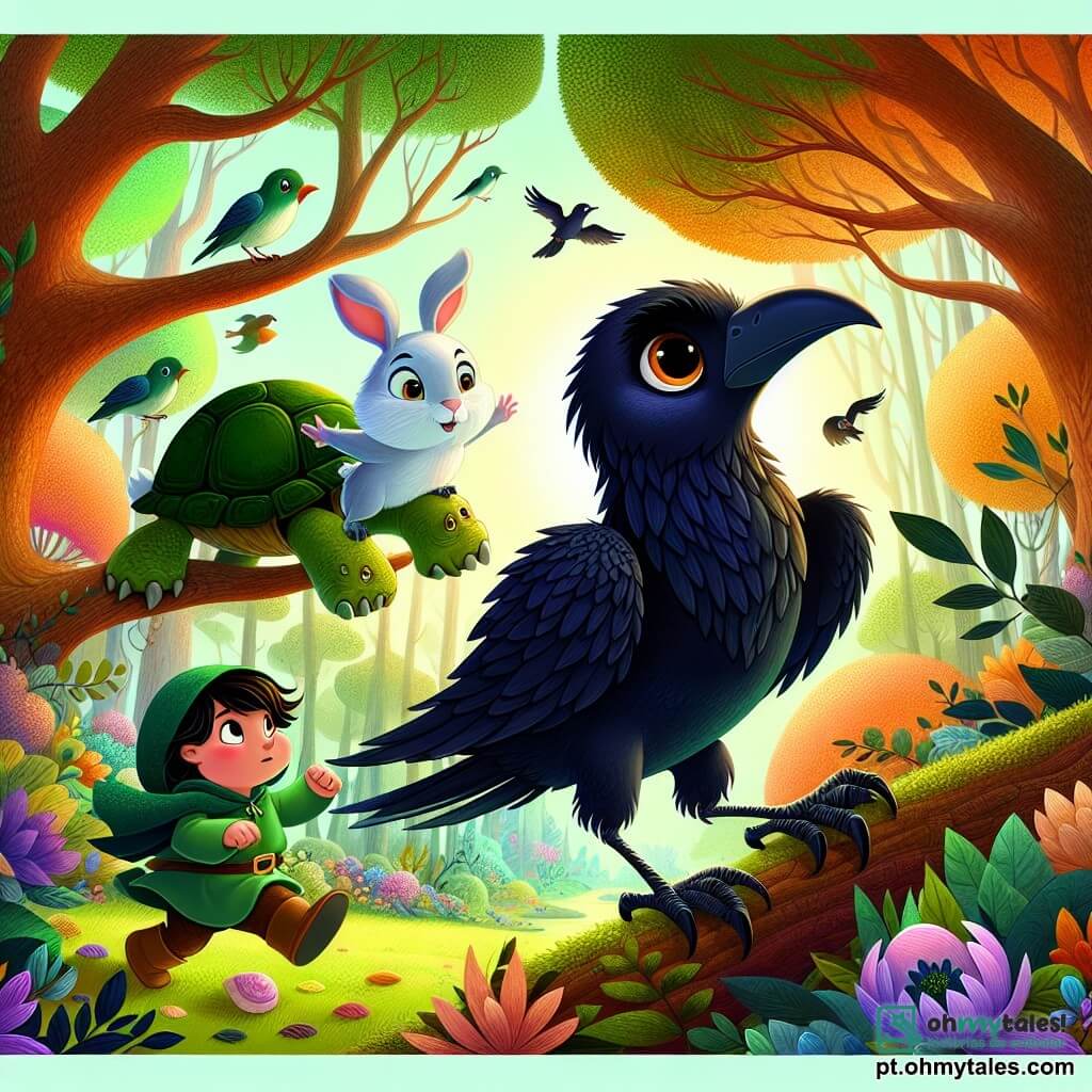Um corvo chamado Cacau, com plumagem preta brilhante e olhos cintilantes de curiosidade, está em um galho de árvore, com uma expressão inquieta e determinada, procurando sua pedra brilhante perdida. Ao seu lado, um coelhinho travesso chamado Bolinha, com pelagem branca e grandes orelhas, salta alegremente, pronto para ajudar seu amigo, enquanto uma sábia tartaruga chamada Lenta, com uma carapaça verde decorada, avança lentamente sorrindo, observando a cena com benevolência. O cenário é uma bela floresta encantada, repleta de árvores com folhas coloridas, flores vibrantes e um suave raio de sol filtrando através dos galhos. A situação principal mostra Cacau, Bolinha e Lenta em plena busca, procurando a pedra brilhante entre as árvores, com um ar de aventura e amizade palpável no ar.