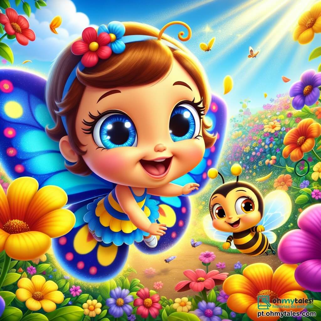 Dans um jardim encantado, uma pequena borboleta chamada Lili, com asas coloridas de azul, amarelo e vermelho, voa alegremente entre as flores, exibindo um grande sorriso de admiração. Ela é cheia de vida e energia, cercada por pétalas brilhantes que dançam ao vento. Ao seu lado, um zangão chamado Zico, com corpo listrado de preto e amarelo, coleta pólen. Ele tem um olhar concentrado, mas feliz, mostrando seu entusiasmo pelo trabalho em equipe. O lugar é um jardim exuberante, repleto de flores coloridas, grandes árvores verdes e um céu azul claro com nuvens brancas fofas. Os raios de sol iluminam a paisagem, criando uma atmosfera alegre e acolhedora. A cena principal mostra Lili e Zico colaborando, Lili voando graciosamente de flor em flor, enquanto Zico se esforça para colher o pólen, ilustrando a importância da amizade e da diversidade em seu trabalho conjunto.