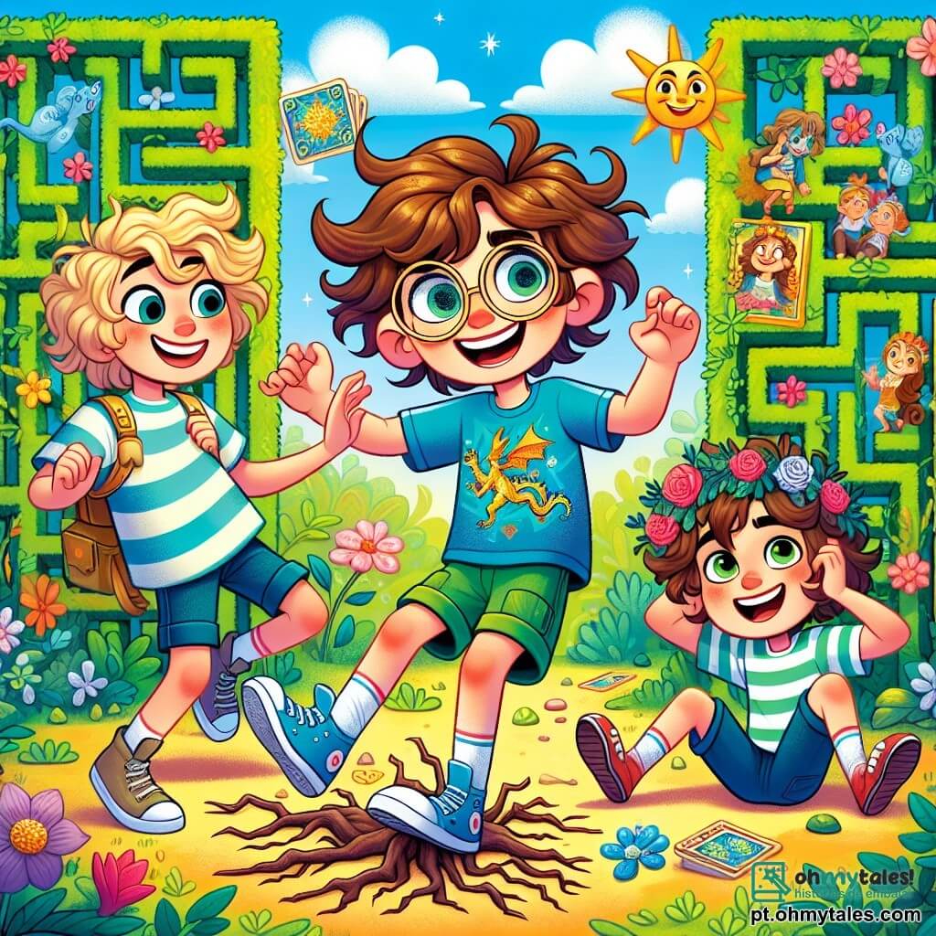 Um menino de 10 anos, chamado Hugo, com cabelos castanhos bagunçados e óculos redondos, exibe uma expressão alegre e determinada. Ele usa uma camiseta azul com um desenho de dragão e um short verde, enquanto segura um mapa mágico nas mãos. Ao seu lado, Max, um menino de 10 anos com cabelos loiros e olhos brilhantes, tropeça em uma raiz, rindo de sua própria desajeitação, vestido com uma camiseta listrada e calças curtas. Flora, uma menina de 10 anos com cabelos longos e cacheados e uma coroa de flores, sorri segurando uma planta que parece dançar ao seu lado. O fundo mostra um labirinto mágico feito de sebes verdes e flores coloridas, sob um céu azul radiante salpicado de nuvens com rostos sorridentes. A cena representa Hugo e seus amigos resolvendo um enigma no centro do labirinto, cercados de risadas e magia, com brilhos cintilantes ao seu redor.