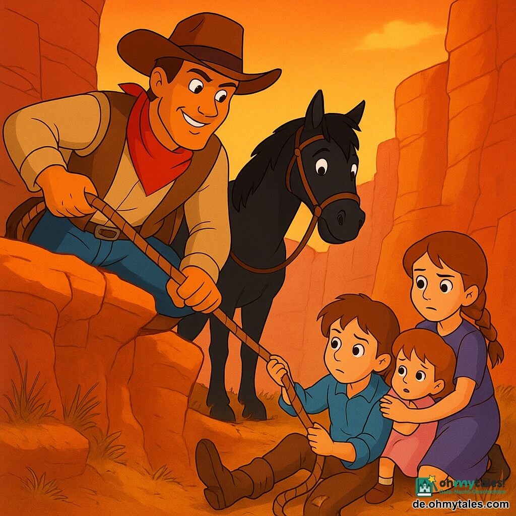 Ein Cowboy (Ben), gebräuntes Gesicht, brauner Hut, entschlossener, mutig lächelnder Blick, hält eine Seil fest und lehnt sich an den Rand eines engen, rot-gelb gestreiften Canyons, um zu helfen, ein Junge (Sam, ~8) mit zerzausten blonden Haaren und hoffnungsvollen Augen hält die Zügel eines schwarzen Pferdes neben dem Cowboy und schaut hinunter, ein Mädchen (Emily, ~9) mit kastanienbraunem Zopf hockt auf einer Felskante unten und hält ein zusammengerolltes Kleinkind (Mia, ~3), ein Mann (~35–40, Vater) mit verschmutztem Gesicht und Schürfwunde an der Stirn sitzt auf niedrigen Felsen im Canyon, abgestützt mit verletztem Fuß und blickt vertrauensvoll zum Cowboy; der enge Canyon mit goldenen trockenen Gräsern, vereinzelten Dornbüschen und staubiger Luft im orangefarbenen Sonnenuntergang bildet die dramatisch-warme Rettungsszene.