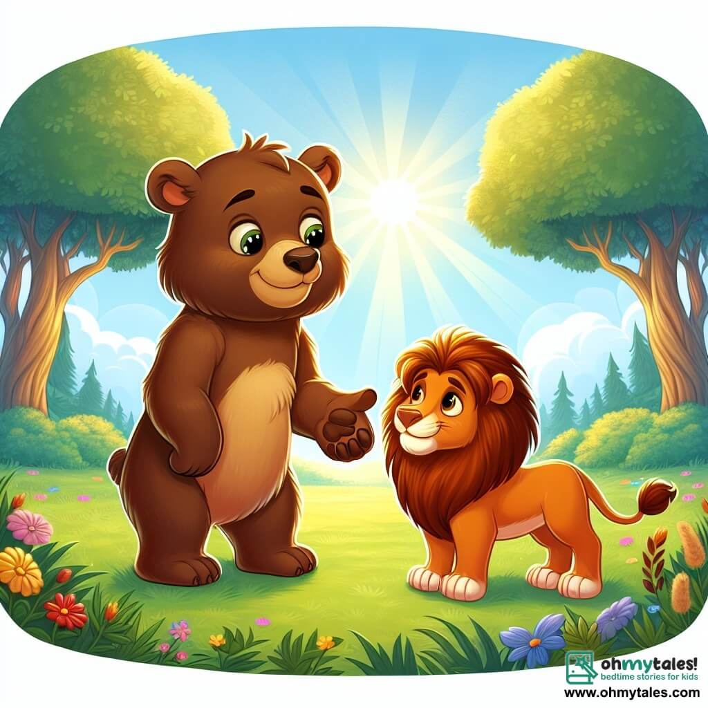An illustration depicts a young brown bear, a boy, with soft fur and sparkling curious eyes. He stands with a warm smile, extending a paw towards another character to show his friendship. Next to him, a golden lion, a boy, with a fiery mane and gentle eyes, looks at the bear with an expression of hesitation but also hope. He stands slightly back, as if seeking support. In the background, a sunny clearing in a lush forest, where sunlight filters through the leaves, creating bright patterns on the ground. Colorful flowers and majestic trees surround the space, adding a touch of magic to the environment. The main scene shows the bear and the lion supporting each other, illustrating their budding friendship despite their differences. The bear encourages the lion to share his story with other animals, symbolizing acceptance and celebration of diversity. Other graphic elements include forest animals, like rabbits and squirrels, observing the scene with curiosity and admiration, creating a sense of community and inclusion. Bright and cheerful colors dominate the illustration, reinforcing the positive message of the story.