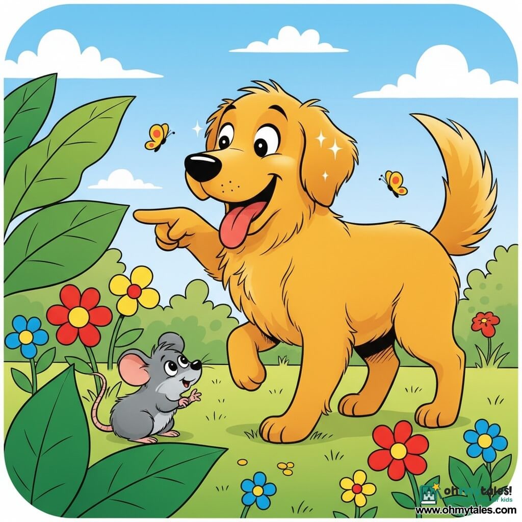 A joyful, gentle golden-coated dog with floppy ears and sparkling round eyes, playful stance, tail high and tongue lolling, smiling and nudging its nose toward a small hidden tail; a shy little mouse with soft gray fur, big black round eyes and a bushy tail peeking from behind a large green leaf, chuckling softly and crouched near a flower; no humans; sunny garden with tender green grass, large leaves, colorful flowers in red, yellow and blue, a few butterflies and a pale blue sky with small white clouds; scene of the dog finding the mouse during hide-and-seek, dog’s joyful surprised expression, mouse peeking from behind the leaf, clear simple composition, bright colors, clean outlines and a warm, reassuring mood.