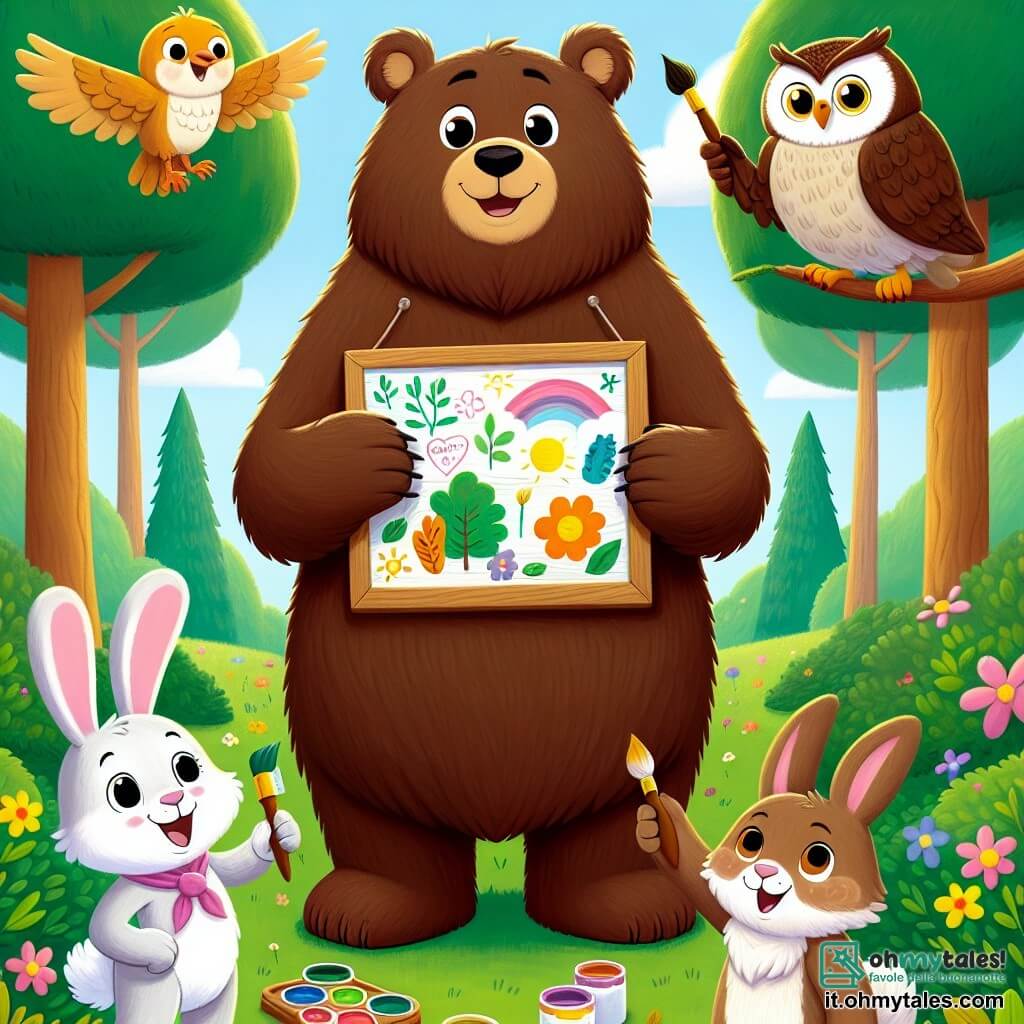 Un grande orso bruno con un pelo morbido e setoso, con una zappa corta, sorride felicemente mentre tiene un grande pannello colorato. I suoi occhi brillano di eccitazione e orgoglio mentre presenta la sua opera ai suoi amici. Accanto a lui, una piccola coniglietta con grandi orecchie, pelo bianco e macchie marroni, salta di gioia, i suoi occhi brillanti di ammirazione per l'orso. Tiene un pennello e un barattolo di vernice, pronta ad aggiungere il suo tocco al grande pannello. Più in là, un saggio gufo con piume marroni e beige, posato su un ramo, osserva con un sorriso benevolo, gli occhiali che scivolano sul naso. Sembra orgoglioso dei suoi amici e incoraggia la loro creatività. La scena si svolge in una radura soleggiata, circondata da alberi maestosi con foglie verdi brillanti e fiori colorati che danzano al vento. Al centro, un grande pannello di legno mostra disegni gioiosi e parole ispiratrici sull'amicizia e l'inclusione. L'orso e i suoi amici celebrano il loro progetto comune, dimostrando al mondo che, nonostante le loro differenze, possono creare qualcosa di bello insieme.