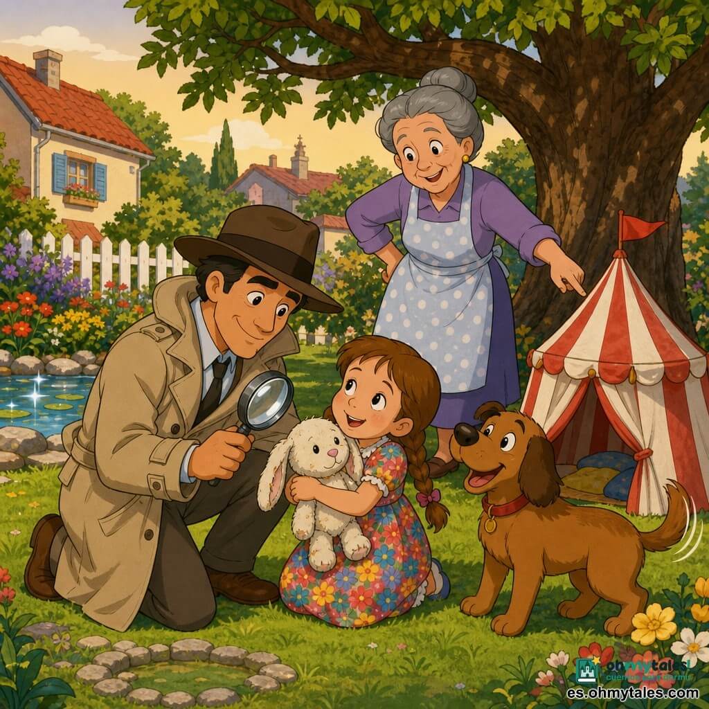 Un detective (Miguel), rostro cálido y decidido, con sombrero marrón, impermeable beige arrugado y una lupa brillante en la mano, se arrodilla sonriendo ante un pequeño juguete. Una niña (Ana, unos 6 años), pelo castaño claro en dos trenzas, vestido floreado y colorido, abraza un conejito de peluche blanco algo gastado llamado Pelusín, de pie delante del detective. Un perro (Tito), de tamaño mediano, marrón con orejas caídas, mueve la cola alegre junto a Ana mirando hacia una pequeña carpa de juego. Una vecina (señora Rosa, unos 65 años), cabello gris recogido en moño, con delantal de lunares y sonrisa amable, está bajo un gran árbol detrás de los niños señalando la mini carpa donde se encontró el juguete. Lugar: jardín suburbano luminoso con césped, parterres de flores, un pequeño estanque a la izquierda, una tienda de tela blanca y roja bajo la sombra de un roble y unas piedras en círculo. Situación: reencuentro: Miguel se arrodilla, Ana abraza a Pelusín, el perro mueve la cola, la vecina señala la carpa, ambiente alegre y colorido con luz suave de final de la tarde.