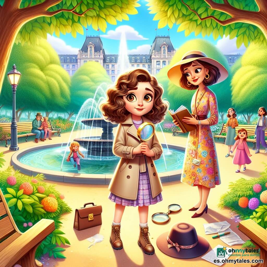 Una niña, Sofía, de unos 10 años, con cabello rizado y ojos curiosos, está en el centro de un parque soleado. Lleva un trench coat beige y una lupa en la mano, mostrando una expresión decidida y entusiasta. Cerca, una mujer elegante, Clara, de unos treinta años, con cabello rizado y un vestido colorido, observa a Sofía con una sonrisa amable, sosteniendo un cuaderno. El parque es verde, con grandes árboles, una fuente brillante en el centro y bancos de madera donde descansan familias. Flores coloridas bordean los caminos y niños juegan a lo lejos. Sofía, intrigada, examina un misterioso sombrero negro en el suelo, junto a una nota doblada, rodeada de un pequeño grupo de curiosos. La atmósfera está llena de suspense y emoción, como si un gran misterio estuviera a punto de resolverse.