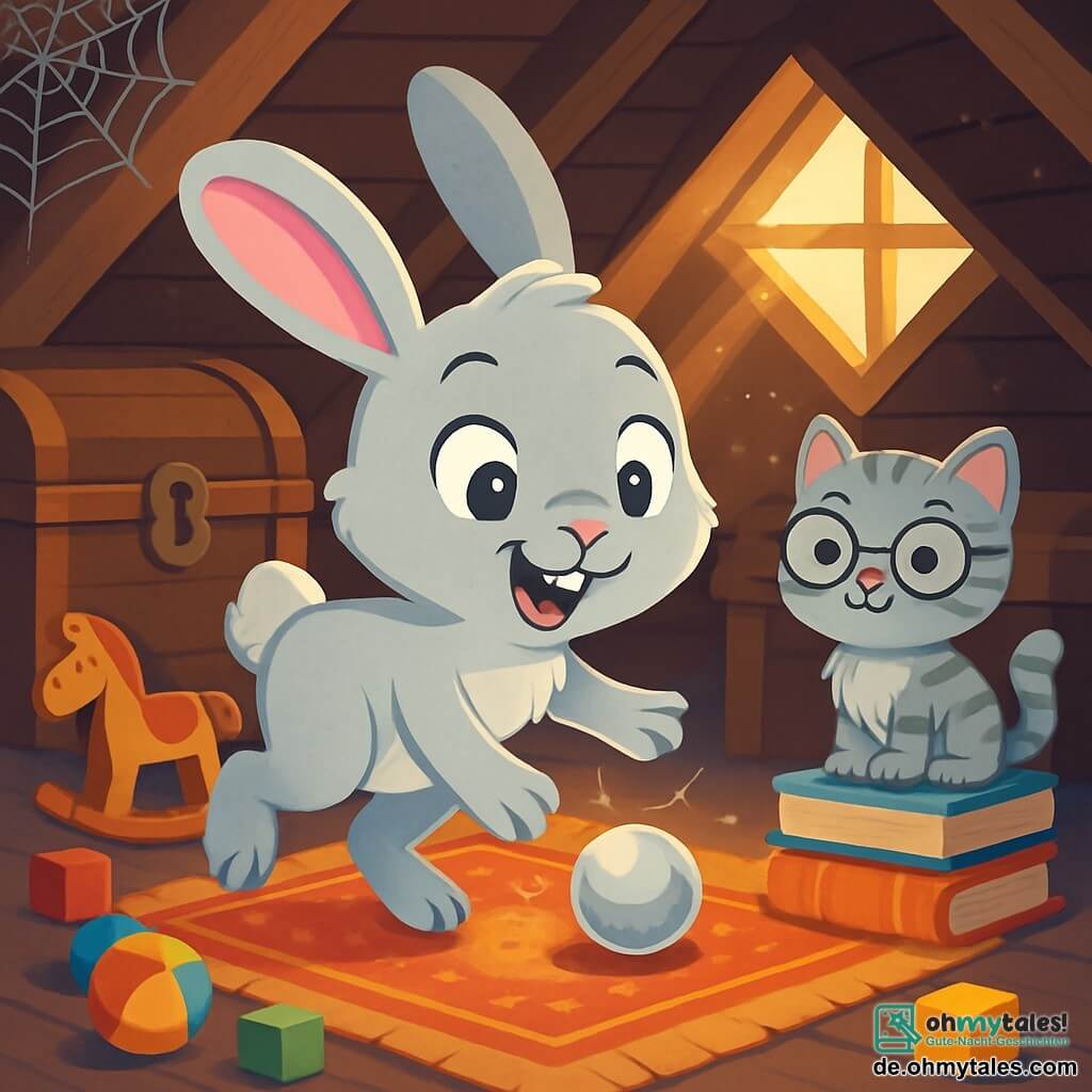 Ein kleiner Hase namens Emil mit einem weichen, seidigen, hellgrauen Fell und großen, ausdrucksvollen Ohren springt fröhlich auf einem alten, staubigen Teppich auf dem Dachboden. Seine Augen glänzen vor Aufregung und Neugier, als er einen kleinen, funkelnden silbernen Ball zu seinen Füßen entdeckt. In der Nähe beobachtet eine kleine Plüschkatze, Fräulein Schnurrhaar, mit gestreiftem Fell und runden Brillen, lächelnd und mit funkelnden Augen. Sie steht auf einem Stapel alter Bücher, bereit, Emil bei seinem Abenteuer zu helfen. Der Dachboden ist voller alter Holzkisten, bunter Spielzeuge und glänzender Spinnweben, was eine magische und geheimnisvolle Atmosphäre schafft. Sanftes Licht strömt durch ein Dachfenster und taucht die Szene in einen goldenen Schein. Emil, fasziniert, ist bereit, den silbernen Ball zu berühren, ohne zu wissen, dass er ihn in eine fantastische Welt voller Abenteuer transportieren wird.