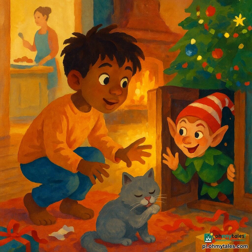 Osiemnasto? Wait boy is 8 — Polish: ośmioletni. Compose.

Final: "Ośmioletni chłopiec o potarganych brązowych włosach i ciekawych oczach, zafascynowany i lekko zaskoczony, kuca na czubkach palców przed uchyloną szafą, wyciągając rękę ku złotej poświacie; psotny skrzat w zielonej tunice i długiej czerwono-biało paskowanej czapce wyślizguje się z szafy, śmiejąc się, ukazując tylko twarz i małą dłoń; szary kot Filemon o puchatej sierści siedzi na dywanie obok chłopca, liżąc łapę z obojętnym wyrazem, ale z drgającymi wąsami; mama w okolicach 30. roku życia, związała włosy, stoi rozmyta w kuchni z łyżką pokrytą lukrem, na stole widać ciasteczka i mandarynki; przytulny świąteczny salon z drewnianą podłogą, kominkiem i choinką udekorowaną kolorowymi girlandami i błyszczącymi bombkami, rozsypane papiery i wstążki; główna scena: magiczny, psotny moment odkrycia skrzata przez chłopca, złota poświata, drgające dekoracje i drobny świąteczny chaos."