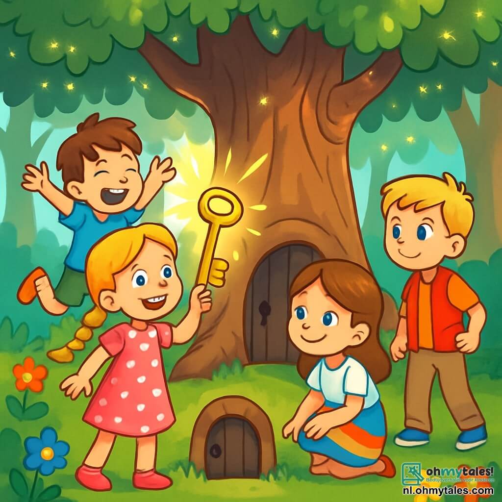 Er zijn 4 kinderen: - Lila: een 8-jarig meisje met lange gouden vlechten, gekleed in een roze jurk met witte stippen. Ze glimlacht vrolijk terwijl ze de glanzende sleutel in haar hand houdt. - Daan: een 7-jarige jongen met rommelig bruin haar, gekleed in een blauwe t-shirt en een groene short. Hij springt van opwinding met glinsterende ogen van nieuwsgierigheid. - Noor: een 8-jarig meisje met kastanjebruin haar en lichtblauwe ogen, gekleed in een witte blouse en een kleurrijke rok. Ze hurkt bij de eucalyptus en bekijkt de sleutel met verwondering. - Finn: een 9-jarige jongen met blond haar en sproeten, gekleed in een rode vest en beige broek. Hij staat klaar om te verkennen met een vastberaden uitdrukking op zijn gezicht. De locatie is een betoverende open plek, omringd door grote bomen met knoestige stammen en glinsterende bladeren. Overal groeien kleurrijke bloemen en een zachte zonnestraal filtert door de takken, wat een magische sfeer creëert. In het midden staat een majestueuze oude eik met een mysterieuze deur die uit de groene grond verschijnt. De belangrijkste situatie toont de kinderen die de glanzende sleutel ontdekken, omringd door een aura van opwinding en mysterie. Ze staan dicht bij de eik, hun gezichten verlicht door nieuwsgierigheid, klaar om de deur te openen die hen naar een ongelooflijk avontuur zou kunnen leiden.