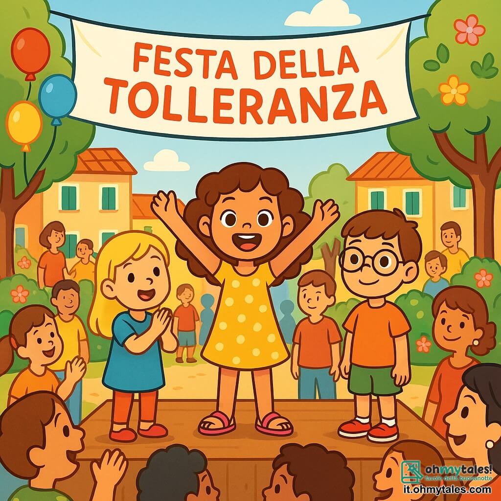 Una ragazza di 8 anni, Sofia, con capelli castani ricci e occhi scintillanti di curiosità, si trova al centro dell'immagine, sorridente e piena di energia. Indossa un vestito giallo a pois e sandali rosa, sollevando le braccia in segno di gioia. Accanto a lei, Giulia, un'altra ragazza di 8 anni con capelli biondi e lisci, vestita con una tunica blu, applaude con entusiasmo, mostrando il suo sostegno. Un ragazzo di 8 anni, Luca, con occhiali e capelli castani, si trova leggermente in disparte, con un sorriso timido, sentendosi accettato e felice. La scena si svolge in una piazza della città di Solevento, circondata da case colorate con persiane verdi, alberi fioriti e palloncini che fluttuano nell'aria. I bambini giocano attorno a uno striscione che dice "Festa della Tolleranza", mentre le famiglie si riuniscono per celebrare. La situazione principale mostra Sofia, Giulia e Luca uniti sul palco, condividendo un messaggio di tolleranza e amicizia, circondati da una folla gioiosa che li ascolta attentamente, illustrando l'importanza di accettare le differenze e celebrare l'amicizia.