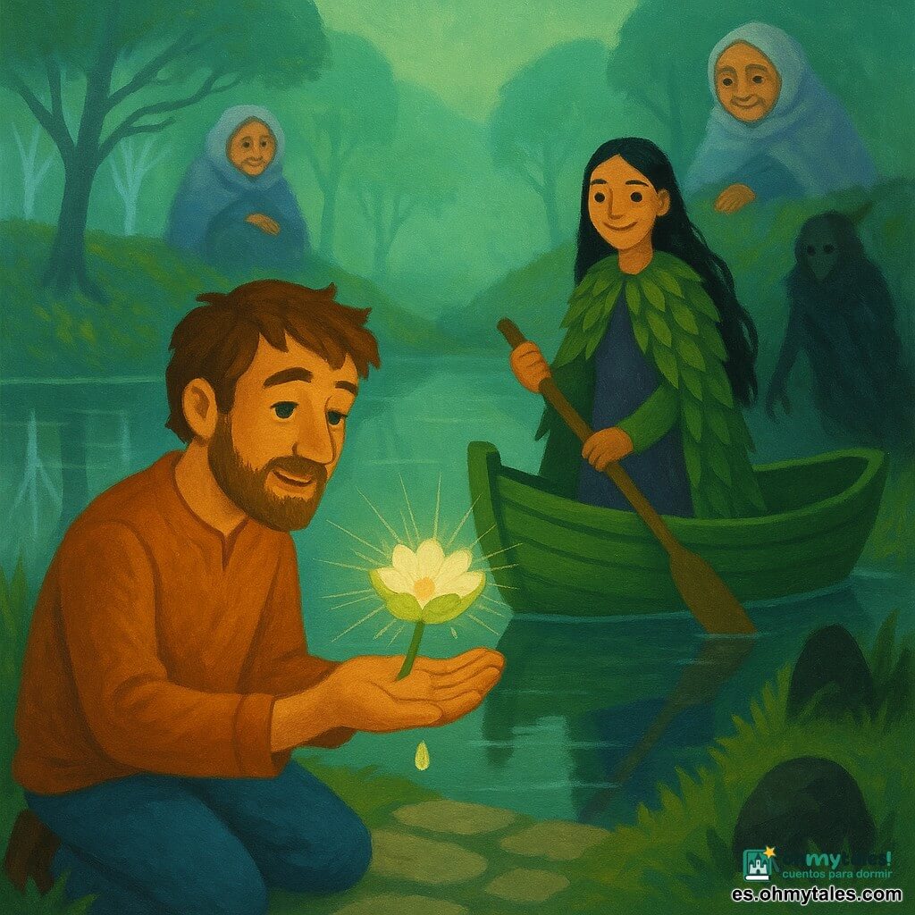 Un hombre adulto, Elías, de rostro sereno y barba incipiente, sostiene con delicadeza una pequeña flor pálida con bordes verdes y una gota luminosa en la palma; arrodillado junto a un lago espejo en un vallón envuelto en bruma verde translúcida, frente a una barca de madera verde. Detrás, de pie en la orilla derecha, Liora (unos 18 años) con cabello negro largo y capa de finas hojas, sonríe y apoya la mano en un remo; en una colina, la anciana Abuela Niebla, con chál de bruma y ojos vivos, observa desde una piedra. Una sombra oscura con bordes difusos retrocede hacia una roca mientras la luz cálida de la flor se extiende en filamentos, la niebla se abre en ondas y la escena, calma, muestra tonos verde menta, amarillo suave y gris perla con textura de pinceladas acrílicas.