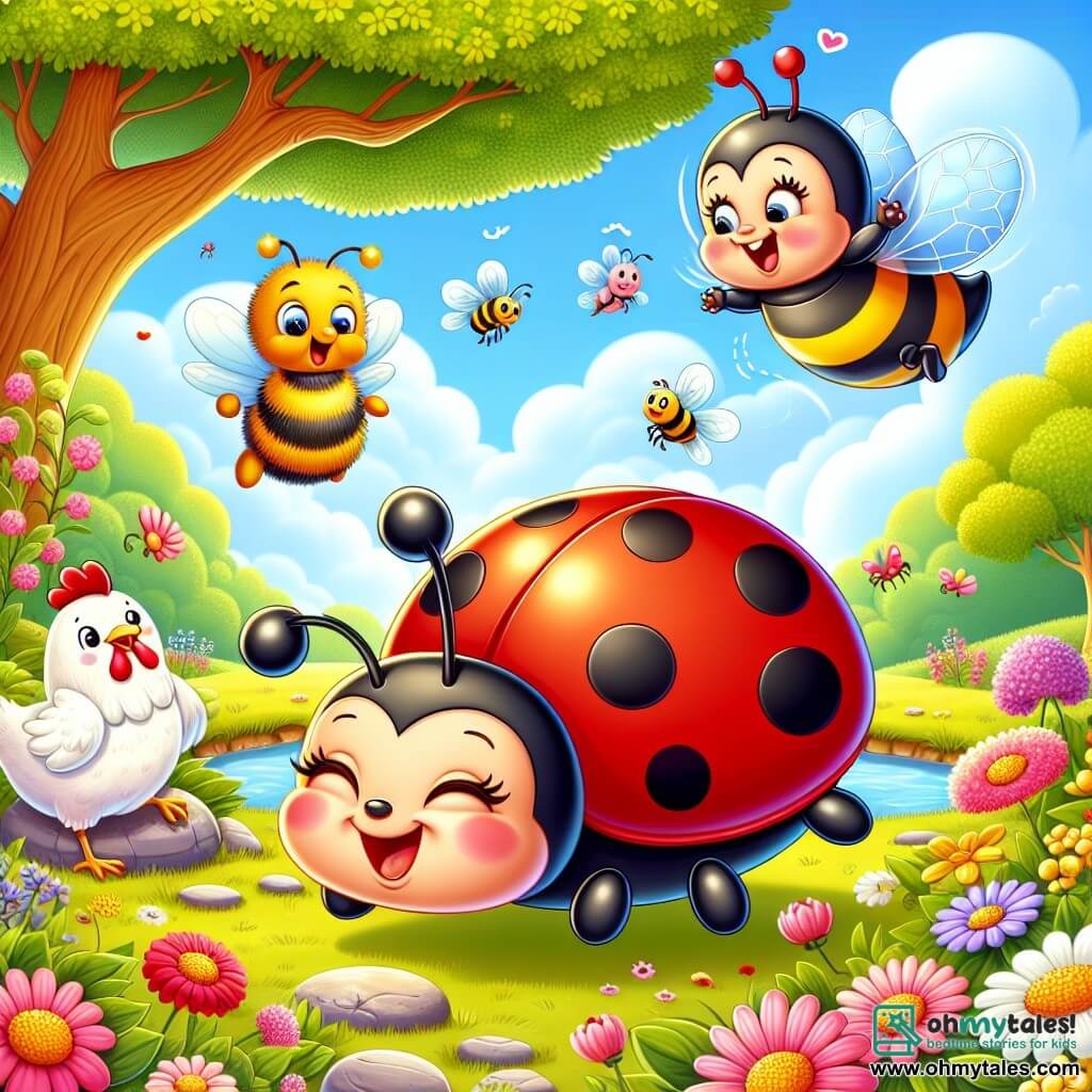 An illustration depicts a small ladybug with a shiny red shell dotted with black spots, joyfully floating in the air with a big smile. It has delicate antennas standing curiously, and its little legs are open, as if ready to explore. Next to it, a bumblebee with yellow and black stripes, with sparkling mischievous eyes, flies in circles, laughing and having fun. A little further away, a white and brown hen with a playful look stands on a small stone, laughing as it observes the scene. The setting is a colorful garden filled with vibrant flowers in shades of pink, yellow, and purple, under a clear blue sky dotted with fluffy clouds. In the background, a majestic oak tree provides shade, and a small pond sparkles in the sun. The main scene shows the ladybug and bumblebee playing together, while the hen encourages them by flapping its wings and laughing. Flower petals swirl around them, creating a joyful and festive atmosphere full of life and friendship. Dialogue bubbles could express their excitement and laughter, adding a playful touch to the illustration.