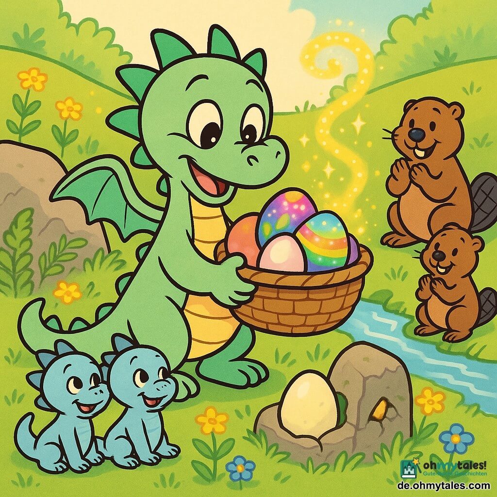 Milo, ein kleiner Drache, froh und staunend, mit hellgrünen Schuppen, runden kleinen Flügeln und glänzenden Augen, hält behutsam einen Weidenkorb mit bunten Eiern; ein sanft schimmerndes Regenbogenei mit satinierter Oberfläche und Punkten/Blättern fällt auf, links auf einem Moosfelsen sitzen zwei neugierige, lächelnde Babydrachen mit blassblauen Schuppen und blicken zu ihm, rechts am glitzernden Bach eine freundliche Bieberfamilie mit braunem Fell, die leise klatscht; Schauplatz: eine frühlingshafte Lichtung mit grünem Gras, gelben und blauen Blüten, Farnen und einem großen moosigen Felsen; gelb-goldene Funken wirbeln um den Korb und bilden über einem weißen Ei eine kleine Spirale wie Feenstaub; die Stimmung ist sanft und warm im Morgenlicht, pastellgesättigte Farben, einfache Konturen und runde Formen; Milo rettet ein kleines Ei und entdeckt in einer Felsspalte ein verborgenes goldenes Glöckchen.