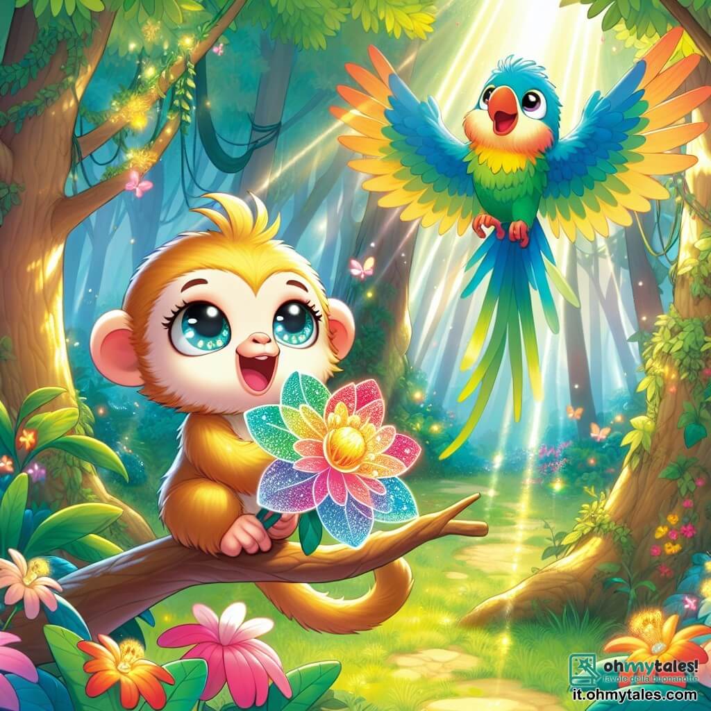 Mimi, una piccola scimmietta dal pelo dorato e lucente, è appollaiata su un ramo, con gli occhi scintillanti di eccitazione e un ampio sorriso sul volto. Tiene tra le mani un magnifico Fiore dei Sogni, un fiore luminoso dai petali multicolori che brillano al sole. Accanto a lei, Pino, un pappagallo dalle piume blu e verdi, vola gioiosamente intorno a lei, con le ali spiegate, cantando allegramente. La scena si svolge nella foresta verdeggiante di Banban, dove grandi alberi dai tronchi robusti e dalle chiome dense creano un'atmosfera magica. I raggi di sole filtrano tra le foglie, illuminando il terreno coperto di fiori colorati e foglie dorate. In questa illustrazione, Mimi e Pino celebrano la loro vittoria dopo aver trovato il Fiore dei Sogni, pronti a continuare la loro ricerca per scoprire la Mappa Magica, circondati dalla bellezza incantata della foresta.