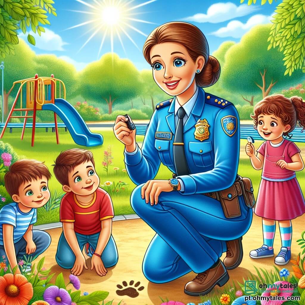 Uma policial, Clara, é uma mulher na casa dos trinta anos, com cabelos castanhos presos em um coque e um uniforme azul vibrante. Ela tem um sorriso caloroso e olhos brilhantes de curiosidade, enquanto se agacha para falar com um grupo de crianças. Miguel, um garoto de 8 anos com cabelos curtos e castanhos, usa uma camiseta vermelha e observa atentamente uma pegada no chão. Ao seu lado, Sofia, uma menina de 7 anos com cabelos longos e cacheados, aponta para um pequeno pedaço de papel encontrado no chão, seu rosto iluminado pela excitação. A cena ocorre em um parque ensolarado, cheio de árvores verdes, flores coloridas e brinquedos para crianças. Ao fundo, um escorregador e um balanço adicionam um toque alegre ao ambiente. Clara e as crianças estão em plena investigação para resolver o mistério dos brinquedos desaparecidos, examinando o chão e trocando ideias, criando uma atmosfera de camaradagem e aventura.