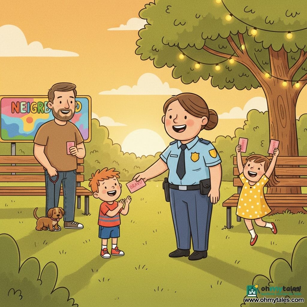 Smiling, kind female police officer with brown hair in a bun and light-blue uniform hands a pink "Bravo" card to Timmy, a joyful 5-year-old redheaded boy in red sneakers; nearby a 6-year-old girl in a yellow polka-dot dress jumps with a raised "Bravo" card, while Mr. Brown, a bearded man of about 40, stands behind holding a small brown dog on a leash; the sunset park features green grass, a large tree with string lights, wooden benches and table, and a brightly painted neighborhood sign, all rendered in warm soft colors, rounded shapes, and clear, broad smiles.