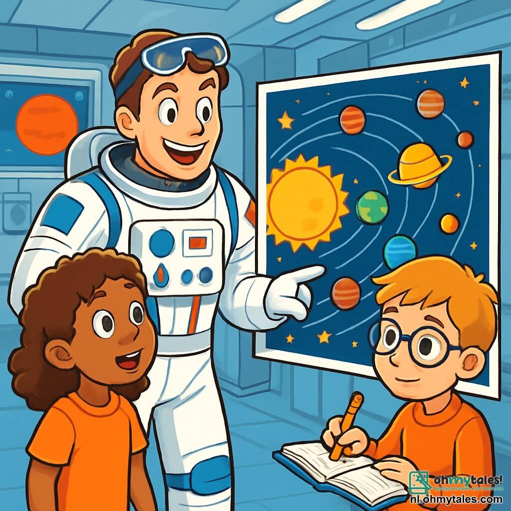 Een astronaut, een man van rond de dertig, glimlachend en enthousiast, draagt een glanzend wit ruimtepak met blauwe en rode details. Hij heeft bruin haar en een beschermende bril op zijn voorhoofd en toont een grote kaart van het zonnestelsel aan kinderen. Naast hem kijkt een 8-jarig meisje met krullend bruin haar gefascineerd naar de kaart. Een 9-jarige jongen met een bril en blond haar maakt geconcentreerd aantekeningen met een potlood. De scène speelt zich af in een modern ruimtecentrum met zilverachtige metalen muren, schermen die afbeeldingen van planeten tonen en modellen van raketten. Fel licht verlicht de ruimte, waardoor een dynamische en opwindende sfeer ontstaat. De astronaut legt aan de kinderen uit hoe hij zich voorbereidt op zijn reis naar Mars, terwijl de kinderen aandachtig luisteren, vol verwondering en vragen.