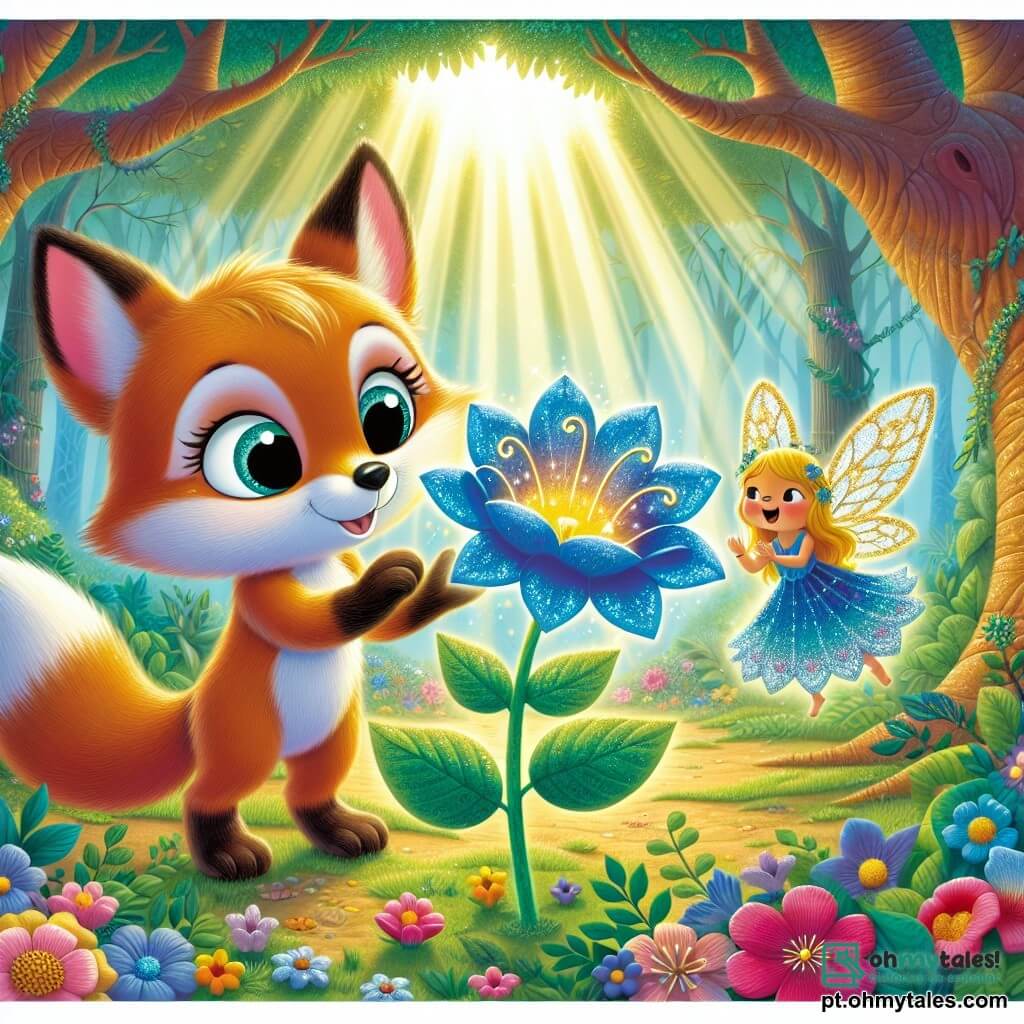 Um lindo raposo chamado Rufus, com pelagem dourada brilhante e olhos cheios de curiosidade, está no centro da cena, tocando delicadamente uma linda flor azul que brilha com uma luz mágica. Ao seu lado, uma pequena fada com asas cintilantes, vestida com um vestido feito de pétalas de flores, sorri alegremente, flutuando ligeiramente acima do chão. Ao fundo, uma floresta encantada se estende, com árvores majestosas de troncos grossos e folhas de um verde vibrante, enquanto flores coloridas cobrem o chão. Raios de sol filtram-se através dos galhos, criando uma atmosfera acolhedora e mágica. A cena principal mostra Rufus, maravilhado, descobrindo o poder da flor azul, enquanto a fada o encoraja com um olhar cúmplice, simbolizando a amizade e a magia da natureza.