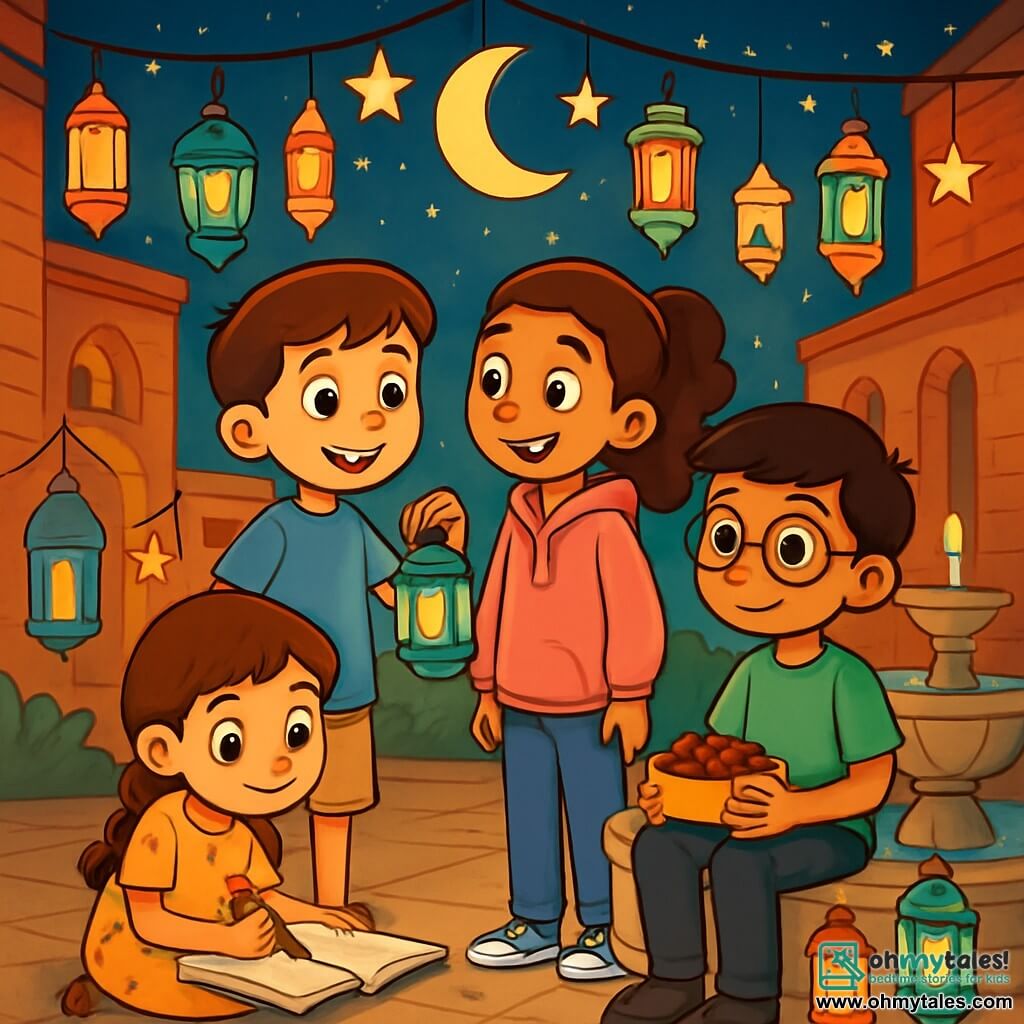 There are 4 children: Ayaan, a 10-year-old boy with brown hair and sparkling eyes, wearing a blue t-shirt and beige shorts, standing and smiling while holding a small glowing lantern; Mia, a 10-year-old girl with long curly hair tied in a ponytail, wearing a pink hoodie and jeans, next to Ayaan, looking at the lantern in wonder; Sami, an 11-year-old boy with black hair and glasses, wearing a green t-shirt and black pants, sitting on the edge of the fountain holding a pack of dates; and Leila, a 9-year-old girl with brown hair in braids, wearing a yellow floral dress, sitting on the ground surrounded by colorful lanterns, drawing in a notebook. The setting is an old courtyard surrounded by brick buildings, with a stone fountain in the center gently dripping water. Colorful lanterns shaped like moons and stars hang from wires above them, casting a warm and magical light. The starry sky and shining moon create an enchanted atmosphere. The main scene shows the children gathered around the fountain, sharing treats for iftar, laughing and chatting, mesmerized by the magic of the twinkling lanterns while expressing their wishes for the night of Ramadan.