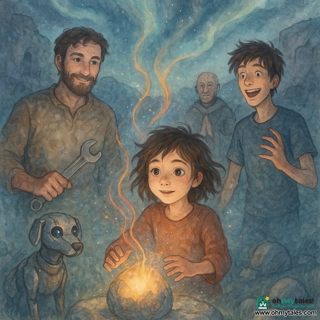 A lively 10-year-old girl with tangled brown hair and a freckled, light-speckled face places both hands on a glowing meteor, her expression gentle, focused and awestruck; behind her stands Brother Maia, about 35, sleeves stained with oil and stardust, smiling protectively and holding a shiny wrench; to the right, lanky 14-year-old Lio with tousled hair laughs in wonder as he reaches toward a meteor note; in the background Brother Ced, about 60, wrinkled and robed, watches calmly with hands clasped; to the left a polished-alloy mechanical dog called Skyhound stands alert with onyx eyes; the scene is a twilight valley of whispering silver grasses, a circle of smooth meteor stones on grey cliffs with caverns, soft aurora dawn light and drifting cosmic dust; at the center the girl touches a large meteor in a glowing circle, spirals of colored light rise as the stones hum like strings and distant metal silhouettes withdraw into shadow; delicate watercolor palette of washed midnight blue, silver-green, pale pink and gold with wet textures, soft edges and visible brushstrokes to evoke tactile magic.