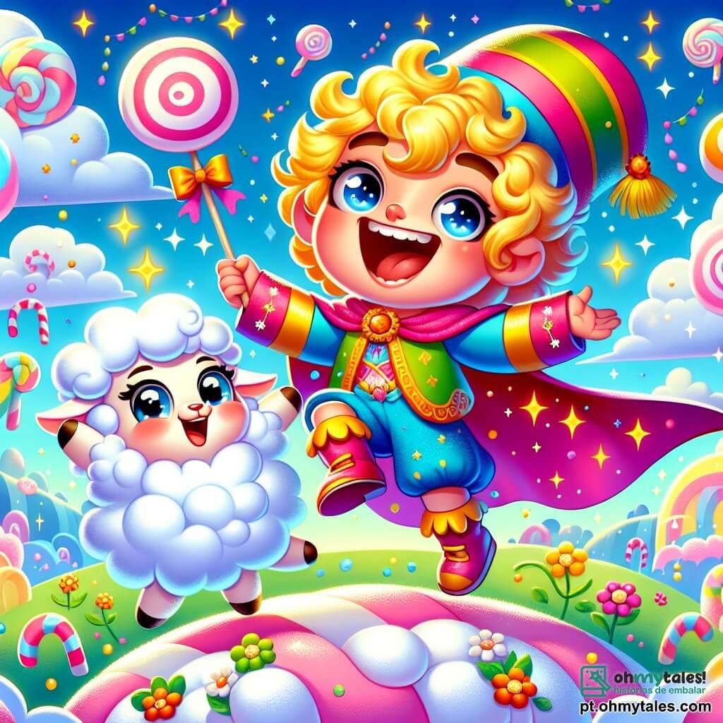 Um jovem príncipe alegre, com cerca de 10 anos, cabelos dourados e cacheados e um grande sorriso, veste uma capa colorida e um chapéu decorado com flores. Ele dança em uma colina de marshmallow, com os olhos brilhando de felicidade. Ao seu lado, um adorável cordeirinho, Cirrus, com pelagem branca e fofinha, pula alegremente, seu sininho tilintando a cada movimento. O cenário é uma colina suave e doce, coberta de marshmallow rosa, sob um céu azul claro com nuvens em forma de doces. Árvores de doce de leite cercam a área e flores coloridas dançam ao vento. O príncipe e Cirrus cantam juntos, cercados por bolhas mágicas brilhantes, celebrando sua amizade e aventura no reino encantado.