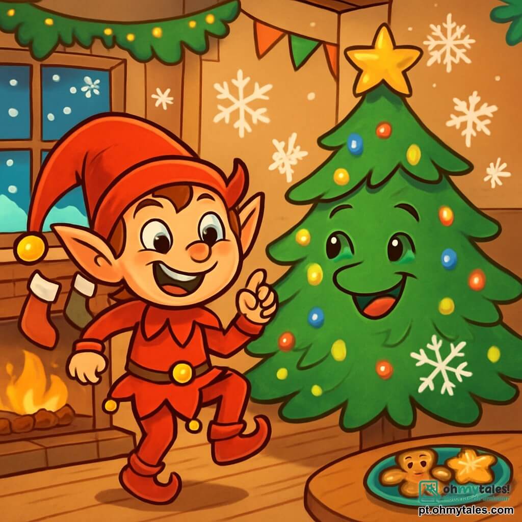 Um duende travesso de Natal, pequeno e travesso, com um grande sorriso malicioso, veste um traje vermelho brilhante adornado com sinos bonitos. Seus olhos brilham de malícia enquanto ele dança alegremente no meio de uma sala decorada com guirlandas cintilantes e flocos de neve de papel. Ao lado dele, um pinheiro de Natal sorridente, alto e majestoso, está coberto de luzes multicoloridas que brilham como estrelas. Ele parece encantado, com seus galhos se estendendo com orgulho, enquanto um floco de neve de papel gira ao seu redor. A cena acontece em uma aconchegante sala de estar, com uma lareira crepitante, meias penduradas acima e biscoitos de Natal em uma mesa de madeira. Flocos de neve caem suavemente do lado de fora, criando uma paisagem invernal mágica. O duende e o pinheiro de Natal se divertem juntos preparando uma surpresa mágica para a noite de Natal, enchendo a sala com uma atmosfera alegre e encantada.