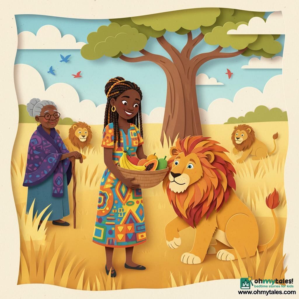 Amina, ~25, smiling with warm brown skin and braided hair in a colorful geometric dress, offers a large shiny basket of fruit to Nia, a big male lion with a golden coat, fiery mane and gentle curious eyes, who sits to the right sniffing the basket with a paw forward; Mama Zuri, ~70, with soft wrinkles and a shawl, stands left in the background with a benevolent gaze and hand on a carved wooden cane, three other friendly lions play and watch behind Nia; the vast savanna has tall golden grasses, a wide-trunked baobab and a pale blue sky with cut-paper clouds and stylized birds — a warm, peaceful scene of negotiation depicted in vivid colors, simple contrasting shapes and layered, cut-paper style.