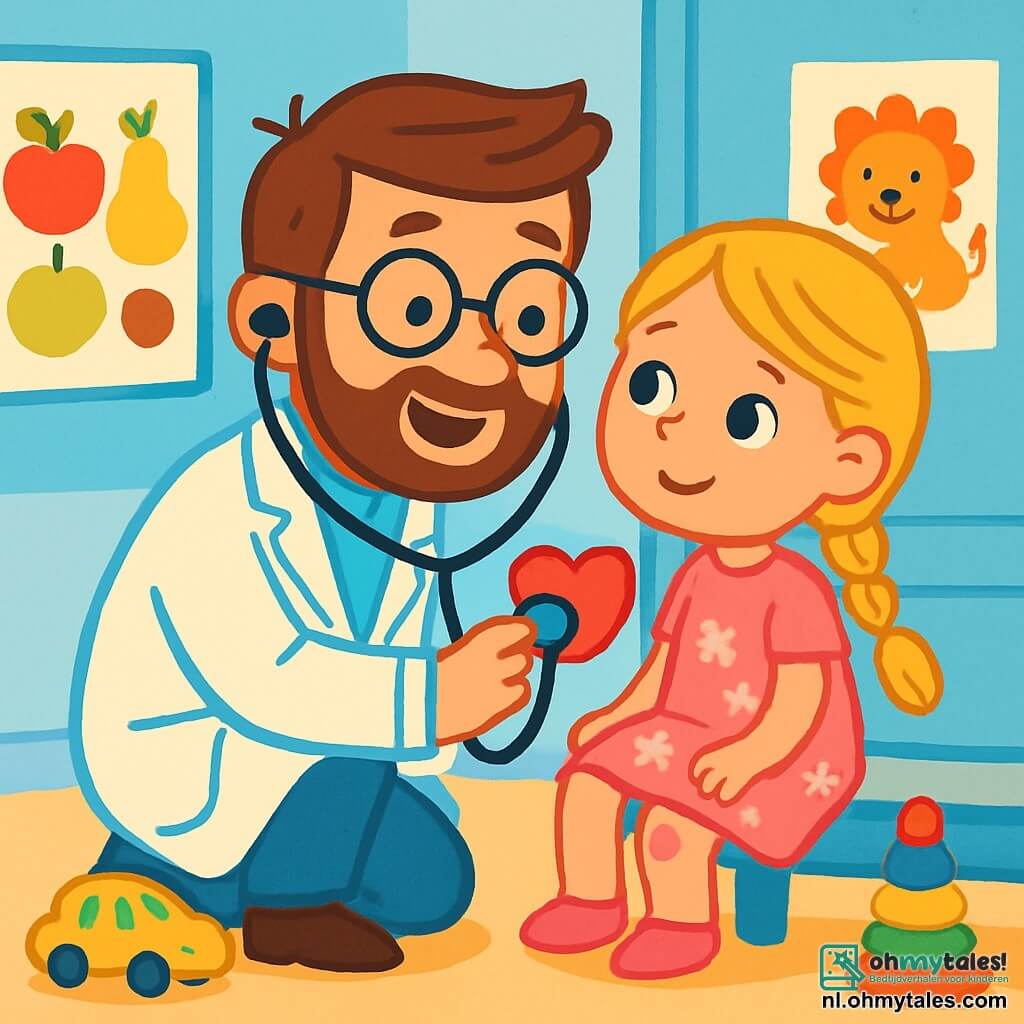 Een man, dokter Jan, wordt afgebeeld met een grote warme glimlach, in een witte jas en met ronde bril. Hij heeft bruin haar en een goed verzorgde baard. Hij zit op zijn hurken en houdt een hartvormige stethoscoop vast, terwijl hij het hart van een klein meisje beluistert. Het meisje, ongeveer 6 jaar oud, heeft lange blonde vlechten en draagt een roze jurk met bloemenmotieven. Ze kijkt de dokter met glanzende ogen aan, een mix van opwinding en nieuwsgierigheid. De illustratie speelt zich af in een lichte en uitnodigende dokterspraktijk, met lichtblauwe muren, kleurrijke posters van fruit en dieren, en speelgoed verspreid over de vloer. In deze scène stelt dokter Jan het meisje gerust dat een schaafwond op haar knie heeft, en laat hij zien dat hij er is om haar te helpen en haar te laten glimlachen.