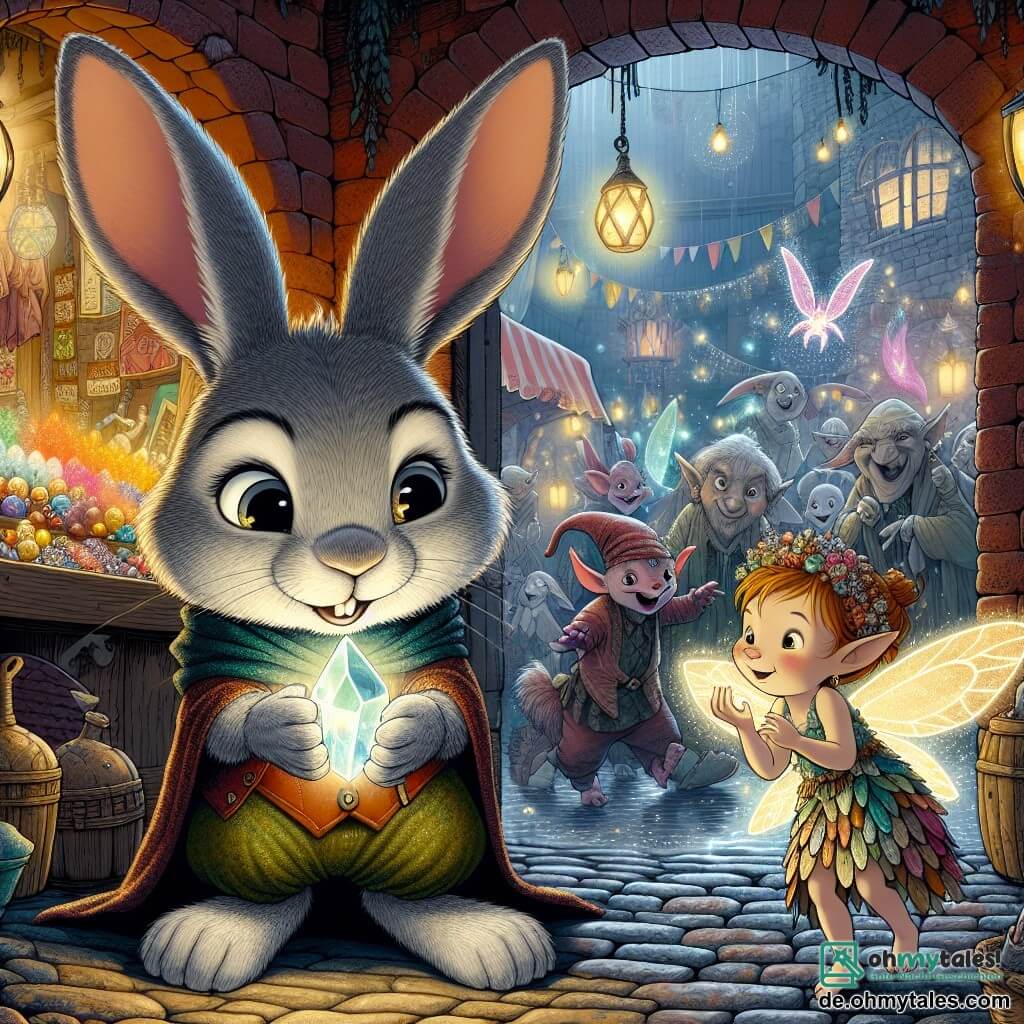Ein kleiner grauer Hase mit großen Ohren, funkelnden neugierigen Augen und einem entschlossenen Lächeln hält einen glänzenden Kristall in seinen Vorderpfoten, der sein Gesicht in sanftes Licht taucht. Neben ihm beobachtet eine kleine Fee mit schimmernden Flügeln, gekleidet in ein Kleid aus Blütenblättern, mit staunendem Gesicht, das vor Freude und Aufregung strahlt. Im Hintergrund wimmelt ein alter magischer Markt von fantastischen Kreaturen: lachenden Kobolden, elfischen Wesen mit flammenden Haaren und bunten Ständen, die voller Tränke und Süßigkeiten sind. Die Szene spielt sich in einer belebten Gasse von Mühlenstadt ab, wo alte Backsteinmauern mit leuchtenden Lianen und schwebenden Laternen geschmückt sind, was eine verzauberte Atmosphäre schafft. Der Hase und die Fee stehen vor einem alten Steinaltar, bereit, den bedrohlichen Schatten entgegenzutreten, entschlossen, ihre magische Welt zu beschützen.
