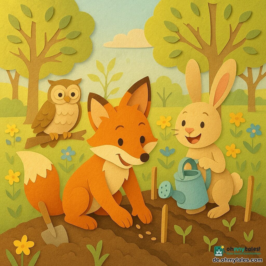 Ein junger rötlicher Fuchs mit weißer Schnauze sitzt hockend und pflanzt Samen, rechts ein lächelnder hellbrauner Hase mit hellblauem Gießkännchen, im Hintergrund eine alte weise Eule auf einem niedrigen Ast; Szene: frühlingsliche Lichtung mit zartgrünem Gras, gelben und blauen Blumen, jungen Bäumen und dunkler Erde; die beiden pflanzen einen kleinen Garten mit Samen, Holzpflöcken, einfacher Mini-Holzschaufel und sichtbar keimenden grünen Trieben, Stimmung sanft und optimistisch; Stil: Papierschnitt-Optik mit klaren, geschichteten Formen, leicht schattierten Konturen, pastellkontrastierter Palette (Orange, zartgrün, Himmelblau, Gelb) und leichter Vogelperspektive.