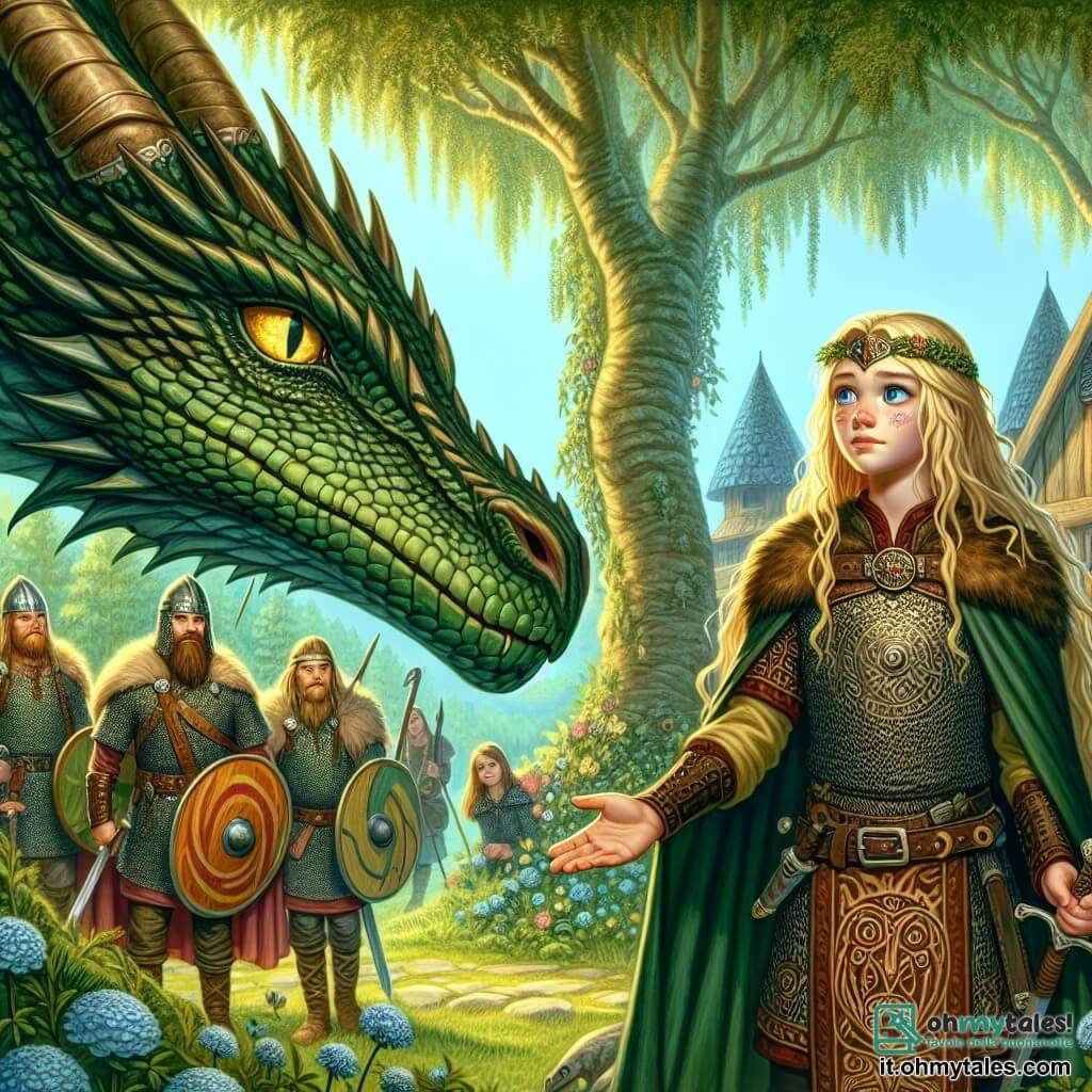 Freyja, una giovane donna vichinga di circa 20 anni, si trova coraggiosamente di fronte a un enorme drago dalle squame scintillanti. Ha lunghi capelli dorati che fluttuano nel vento, occhi blu brillanti di determinazione e indossa una tunica di cuoio decorata con motivi nordici. Il suo viso esprime sia coraggio che compassione mentre tende la mano verso il drago, pronta a stabilire un legame di amicizia. Accanto a lei, Fafnir, il drago maestoso, è un essere colossale con squame verdi e dorate che brillano al sole. I suoi occhi gialli guardano Freyja con curiosità e una punta di tristezza. Sullo sfondo, un gruppo di guerrieri vichinghi, tutti in armatura, osserva la scena con espressioni di sorpresa e ammirazione, alcuni impugnando le spade, altri con le mani sui fianchi. La scena si svolge in una foresta verdeggiante, illuminata da una luce dorata, con alberi maestosi e fiori colorati. Freyja, determinata a stabilire la pace, tende la mano verso Fafnir in un gesto di riconciliazione, mentre i guerrieri vichinghi, intrigati, si radunano intorno a loro, pronti ad assistere a questo momento magico che potrebbe cambiare il destino del loro popolo.
