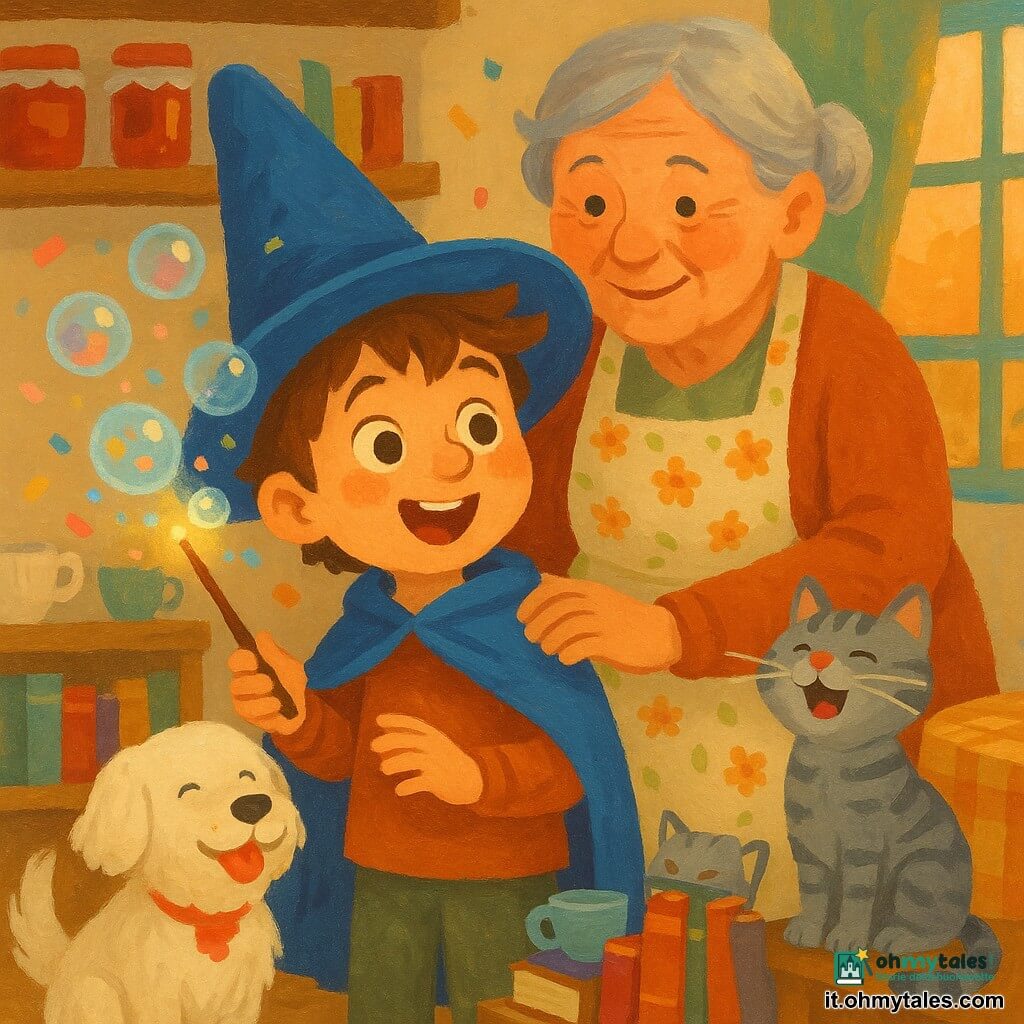 Nico, un piccolo apprendista stregone, guarda stupito con viso rotondo e occhi grandi, capelli castani spettinati, mentre con una piccola bacchetta di legno fa apparire bolle luminose e coriandoli; la nonna settantenne dalla pelle rugosa sorride teneramente con un grembiule floreale appoggiando la mano sulla sua spalla; Piuma, il cane bianco e soffice con macchie di marmellata sul muso, è seduto vicino scodinzolando; Micio, il gatto grigio a strisce, è su una mensola tra tazze e libri, con le vibrisse che fremono; la scena si svolge in una cucina-soggiorno calda color crema con scaffali di legno pieni di libri e vasetti, una tavola rotonda con tovaglia a quadretti e una finestra da cui entra una luce serale dolce; atmosfera calma e piena di meraviglia, colori caldi e pastello, texture di pittura acrilica.