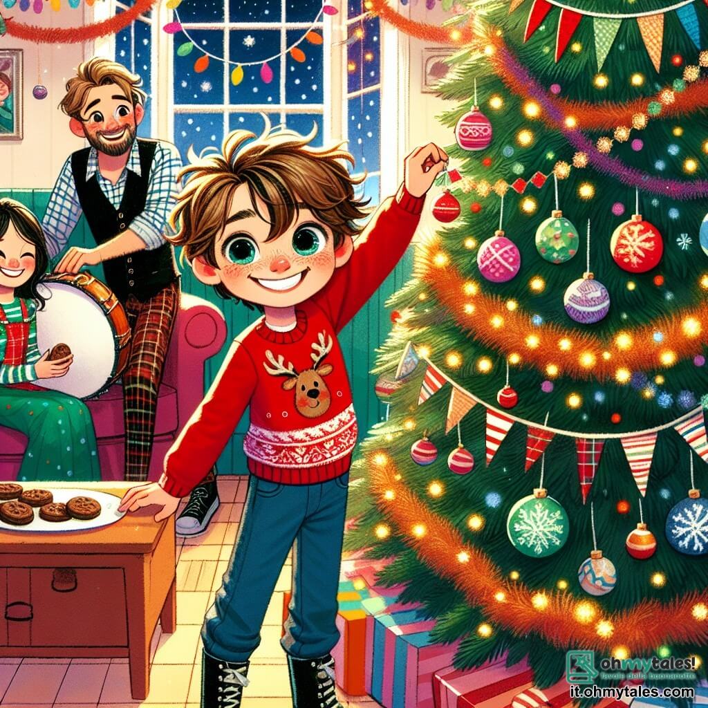 Un ragazzo di 9 anni, Leo, con capelli castani disordinati e occhi brillanti di gioia, è al centro dell'immagine, sorridendo ampiamente mentre decora un grande albero di Natale con ghirlande colorate e palline scintillanti. Indossa un maglione rosso con un motivo di renna e pantaloni di jeans. Accanto a lui, sua madre, una donna di circa 35 anni con lunghi capelli ricci, sorride tenendo un piatto di biscotti al cioccolato, pronta a posizionarli sul tavolo. Indossa un maglione verde festivo e un grembiule con motivi di fiocchi di neve. Nell'angolo della stanza, suo padre, un uomo di circa 40 anni con una barba corta e occhiali, sta montando un grande tamburo, ridendo e incoraggiando Leo a continuare a decorare. Indossa una camicia a quadri e un gilet nero. La scena si svolge in un soggiorno caldo e colorato, pieno di decorazioni di Capodanno: palloni multicolori, ghirlande scintillanti e un grande albero di Natale illuminato. Le pareti sono decorate con disegni di bambini e luci lampeggianti che creano un'atmosfera festosa. La situazione principale mostra Leo, pieno di entusiasmo, mentre prepara una grande festa di Capodanno con la sua famiglia e i suoi amici, mentre ridono e si divertono insieme, creando ricordi indimenticabili.