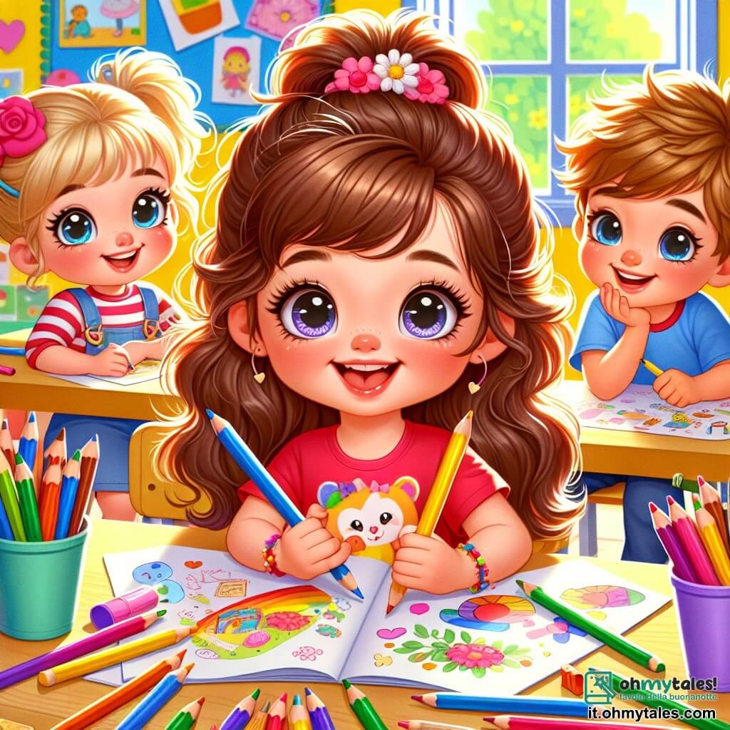 Una bambina di 4 anni, Sofia, con lunghi capelli castani e occhi pieni di curiosità, sorride gioiosamente mentre tiene in mano dei pastelli. È seduta a un tavolo di legno, circondata da fogli colorati, pronta a disegnare. Accanto a lei, un bambino di 5 anni, Marco, con i capelli biondi e un t-shirt rossa, guarda attentamente un libro illustrato. Un'altra bambina, Mia, di 4 anni, con due codini e un vestito a fiori, ritaglia forme di carta con le forbici. La scena si svolge in un'aula luminosa, con pareti gialle e finestre che lasciano entrare la luce del sole. Sofia e i suoi amici stanno preparando un grande progetto per il giorno della scuola, ognuno portando le proprie idee e il proprio entusiasmo per creare insieme un bellissimo cartellone colorato.