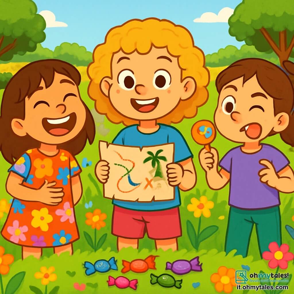 Ci sono 3 personaggi: - Emma: una ragazza di 8 anni, con capelli ricci e dorati, che indossa una maglietta blu e pantaloni corti rosa. È al centro, sorridente, con una mappa del tesoro in mano. - Giulia: una ragazza di 8 anni, con capelli castani e lisci, vestita con un abito a fiori colorati. È a sinistra di Emma, ride a crepapelle, con una mano sulla pancia. - Sofia: una ragazza di 8 anni, con capelli castani raccolti in una coda di cavallo, che indossa una maglietta viola e pantaloni verdi. È a destra di Emma, tiene una caramella in una mano e fa una smorfia divertente. L'ambientazione è un campo soleggiato, pieno di fiori multicolori e alte erbe che ondeggiano dolcemente nel vento. Sullo sfondo si vede un vecchio ponte di legno sopra un ruscello scintillante, e alberi verdi circondano il paesaggio. La scena principale mostra le tre amiche che ridono insieme, circondate da fiori, mentre preparano una festa del tesoro, con caramelle colorate sparse attorno a loro. Le espressioni gioiose sui loro volti illustrano la loro complicità e la felicità di stare insieme.