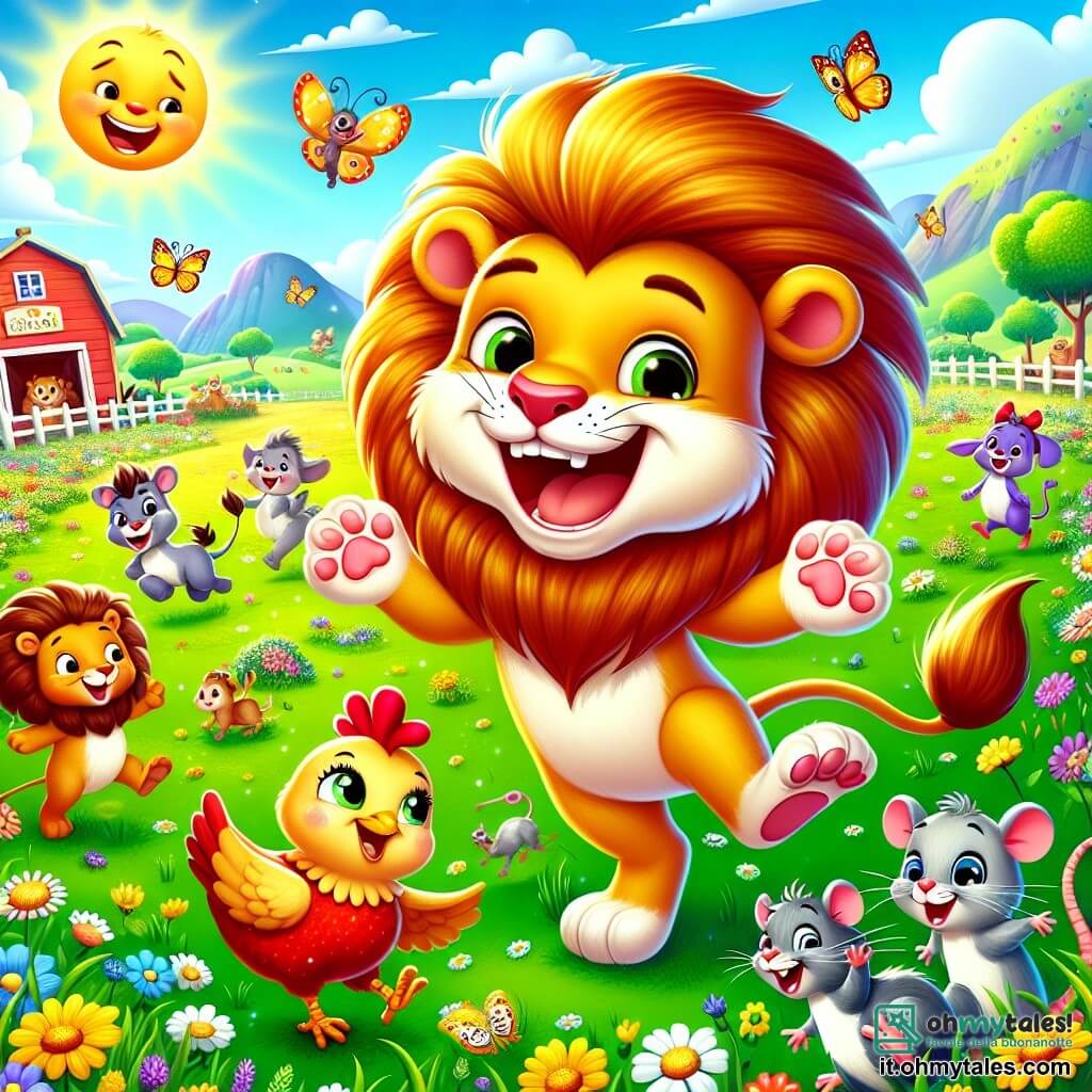 Un leone malizioso di nome Leo, con una criniera dorata e un grande sorriso furbo, si trova al centro dell'immagine, saltellando gioiosamente in un campo verde. Accanto a lui, una gallina rossa di nome Clara, con piume brillanti e occhi vivaci, alza una zampa ridendo, mentre un piccolo topo grigio, curioso e sorridente, si fa strada tra l'erba alta, tenendo un anello lucente tra le piccole zampe. Lo scenario è un campo soleggiato, punteggiato di fiori colorati e farfalle svolazzanti, con una fattoria colorata sullo sfondo, dove si possono vedere altri animali divertiti dalla scena. La situazione principale mostra Leo e i suoi amici alla ricerca di un anello perso, circondati da risate e gioia, creando un'atmosfera festosa e amichevole.