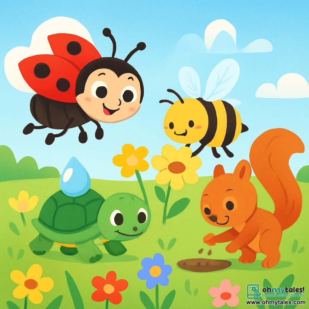 A little ladybug named Lily, with bright red wings dotted with black spots, joyfully smiles while flying over a colorful flower field. Her sparkling eyes express enthusiasm and determination. Next to her, Benny the bumblebee, with his black and yellow striped body, is pollinating a flower, his small, vibrant wings shining in the sun. Timmy the turtle, with his green shell and gentle eyes, carries a drop of water on his back, slowly walking on the green grass. Sally the squirrel, with her reddish fur and mischievous eyes, dances while planting seeds in the fertile soil. The scene is a vast sunny meadow filled with multicolored flowers and lush green grass, under a clear blue sky dotted with fluffy white clouds. The main situation shows Lily and her friends united in a joyful effort to revive the meadow, each contributing in their own way to make nature bloom.